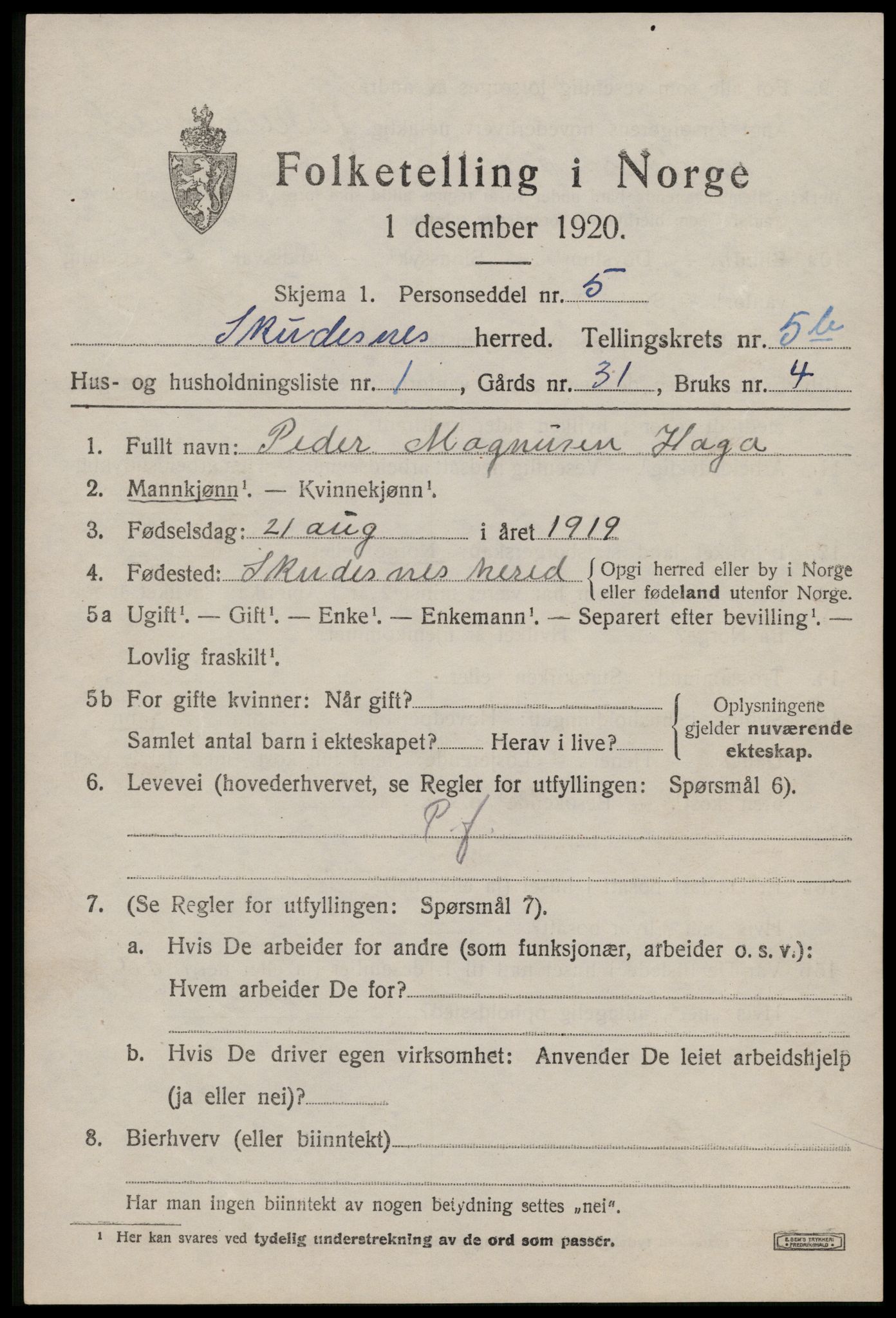 SAST, 1920 census for Skudenes, 1920, p. 4476