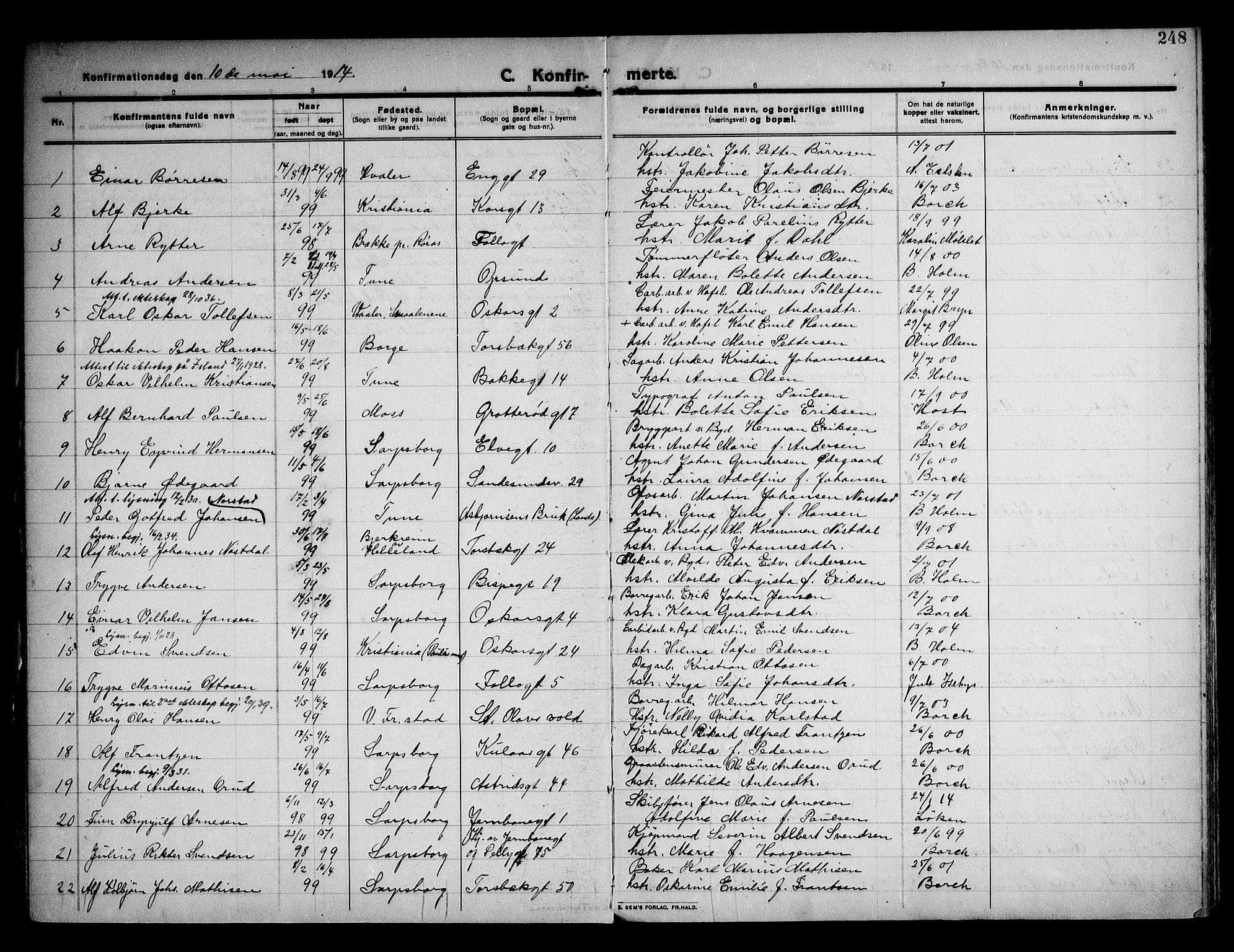 Sarpsborg prestekontor Kirkebøker, AV/SAO-A-2006/F/Fa/L0008: Parish register (official) no. 8, 1910-1920, p. 248