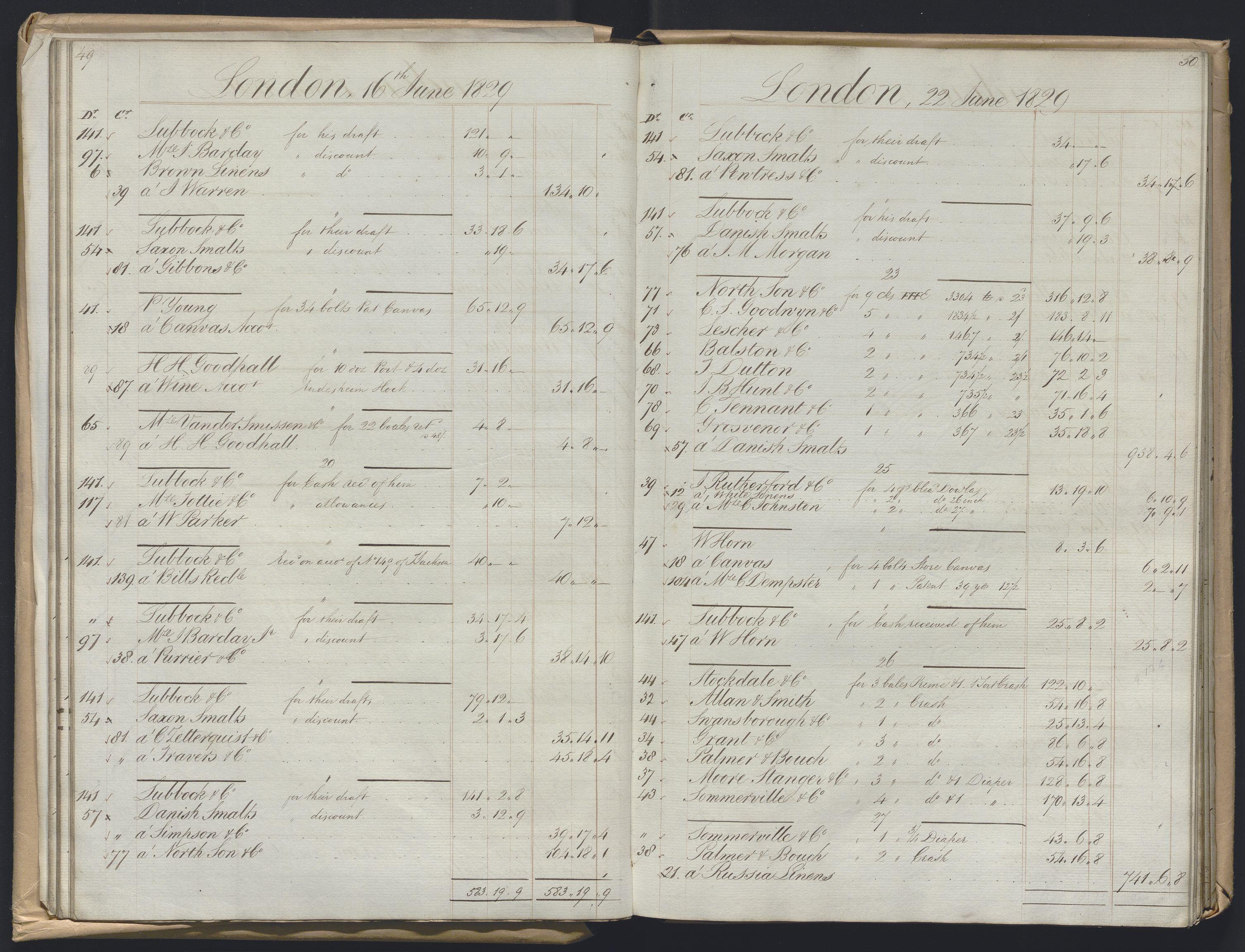 Smith, Goodhall & Reeves, RA/PA-0586/R/L0001: Dagbok (Daybook) A, 1829-1831, p. 49-50