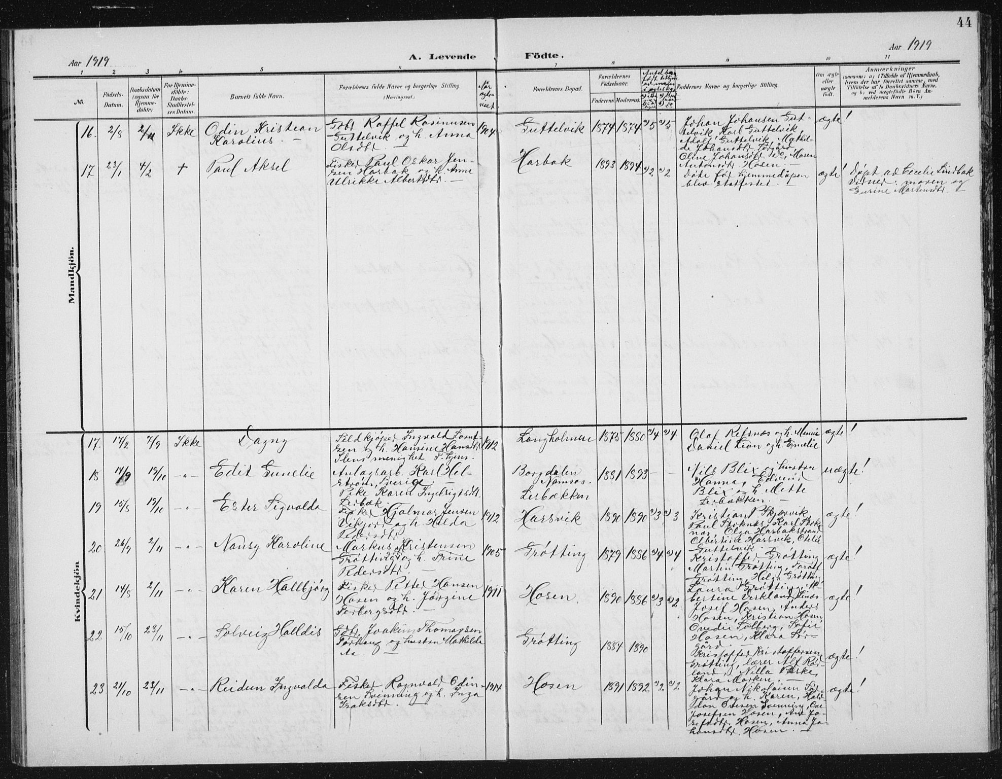 Ministerialprotokoller, klokkerbøker og fødselsregistre - Sør-Trøndelag, SAT/A-1456/656/L0699: Parish register (copy) no. 656C05, 1905-1920, p. 44