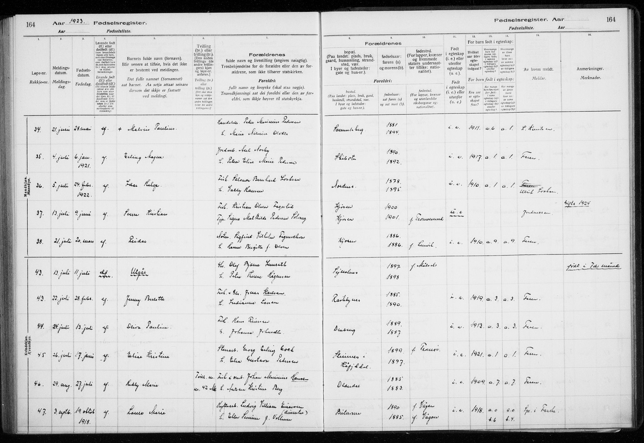 Lyngen sokneprestembete, AV/SATØ-S-1289/I/Ia/L0075: Birth register no. 75, 1916-1924, p. 164