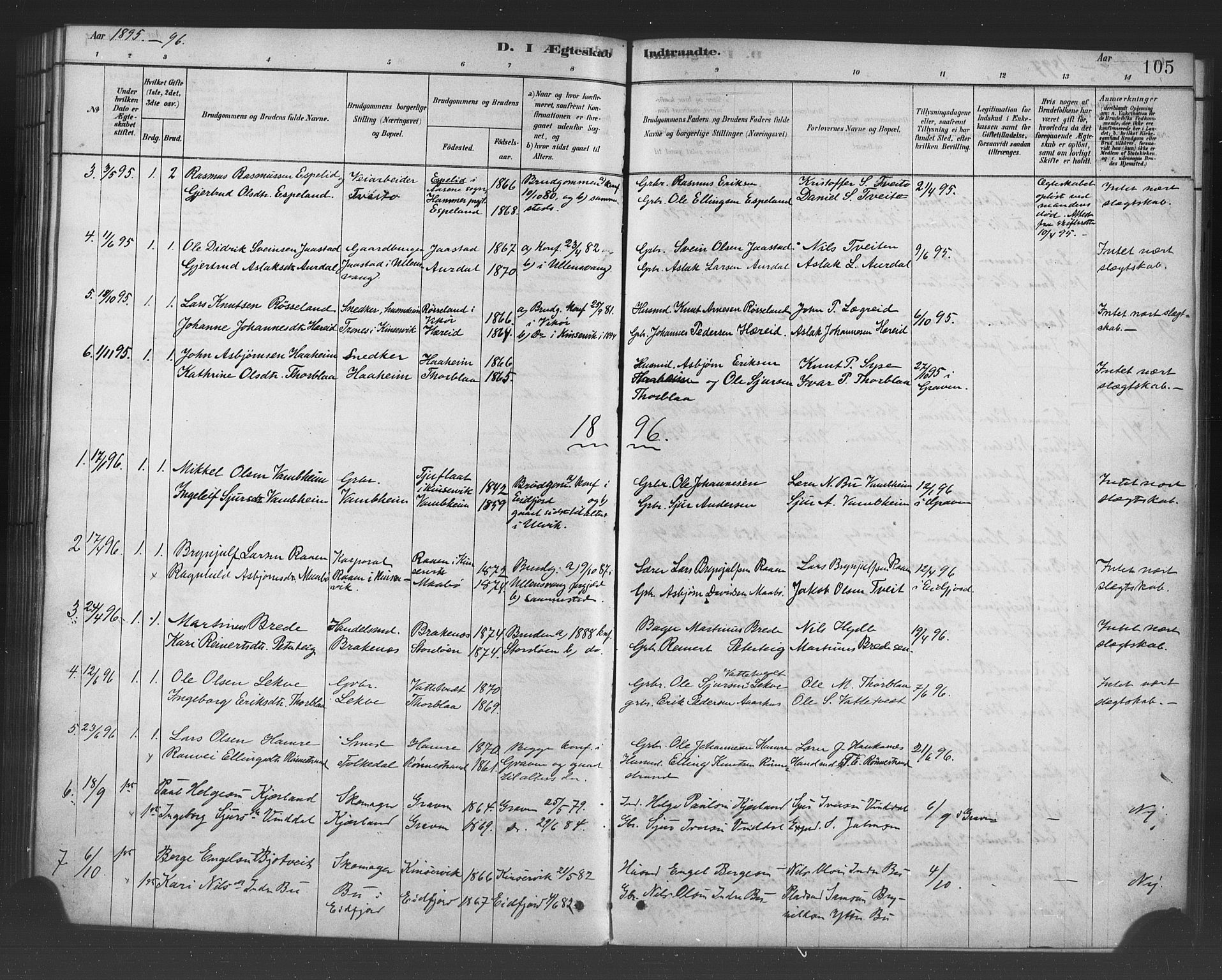 Ulvik sokneprestembete, SAB/A-78801/H/Haa: Parish register (official) no. B 1, 1878-1897, p. 105