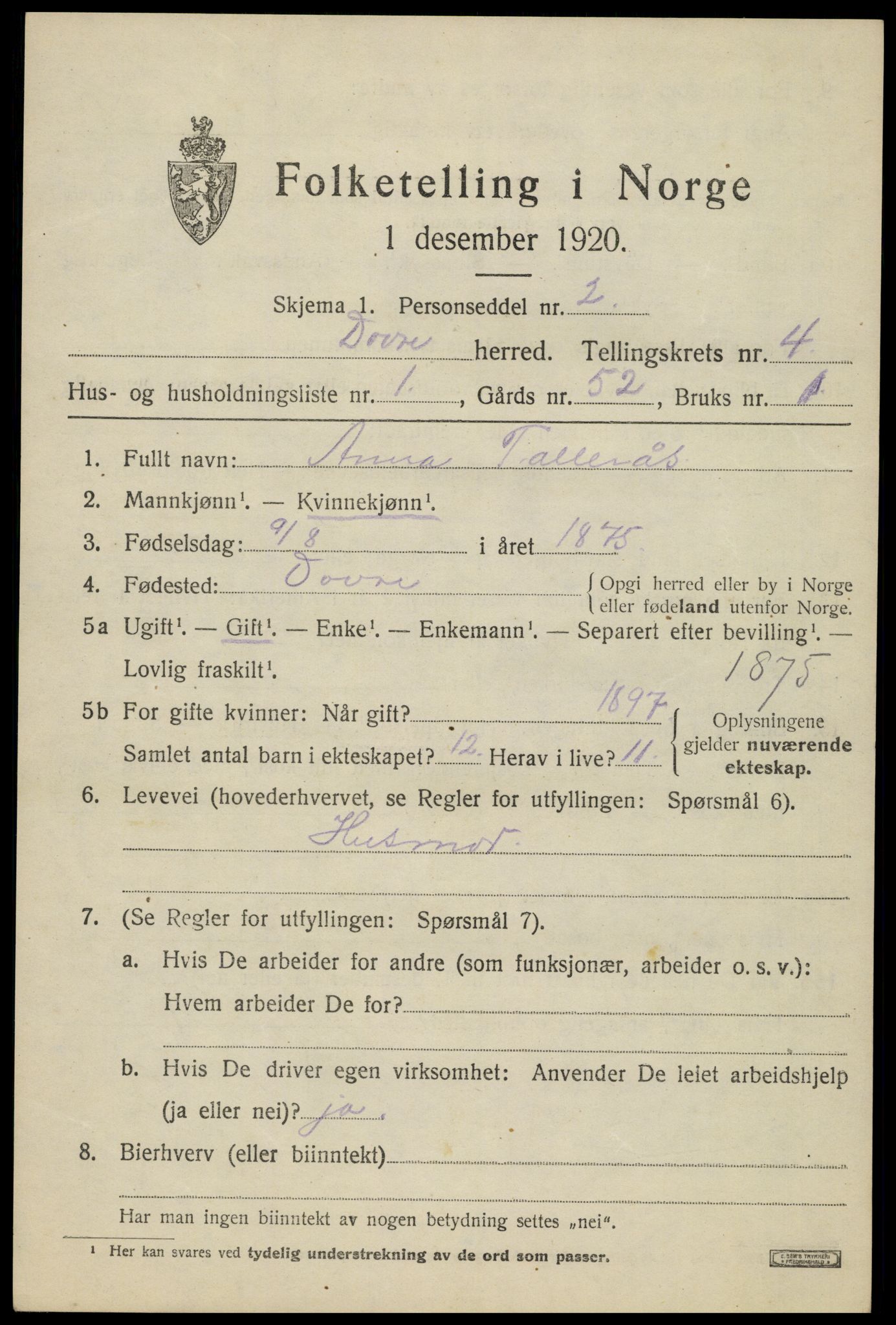 SAH, 1920 census for Dovre, 1920, p. 4544