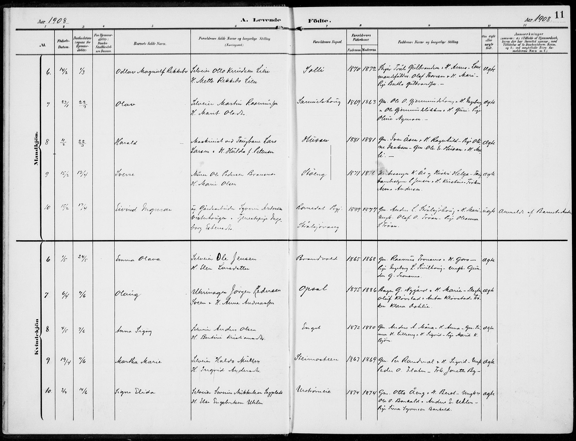 Alvdal prestekontor, AV/SAH-PREST-060/H/Ha/Haa/L0004: Parish register (official) no. 4, 1907-1919, p. 11