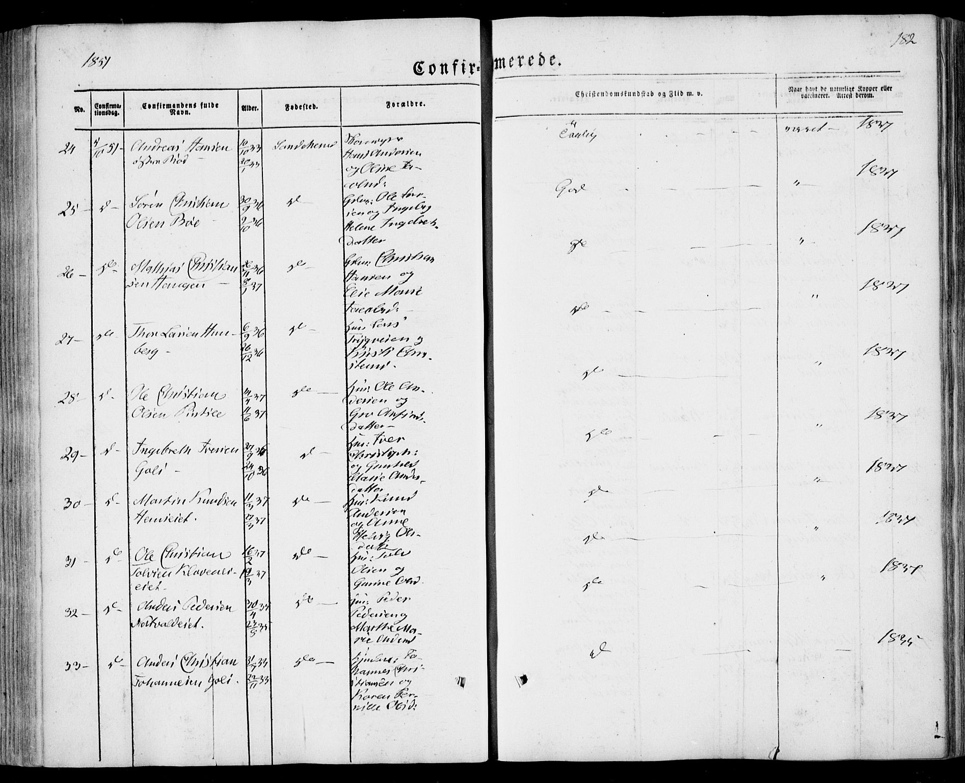 Sandar kirkebøker, AV/SAKO-A-243/F/Fa/L0006: Parish register (official) no. 6, 1847-1860, p. 182