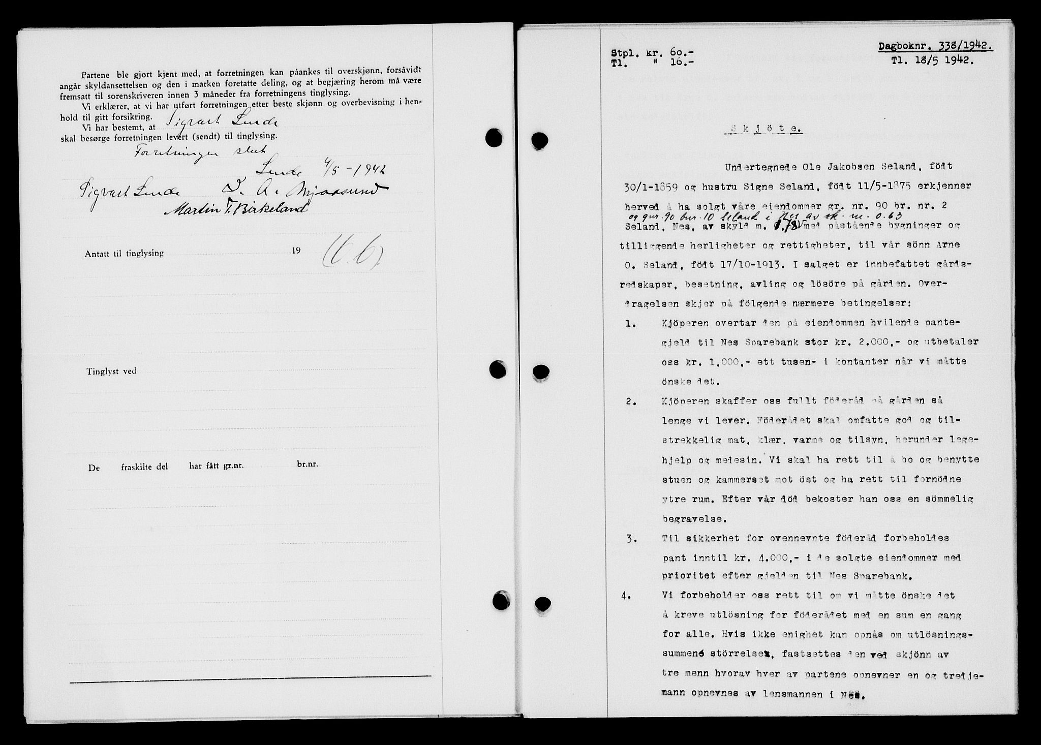Flekkefjord sorenskriveri, SAK/1221-0001/G/Gb/Gba/L0057: Mortgage book no. A-5, 1941-1942, Diary no: : 338/1942