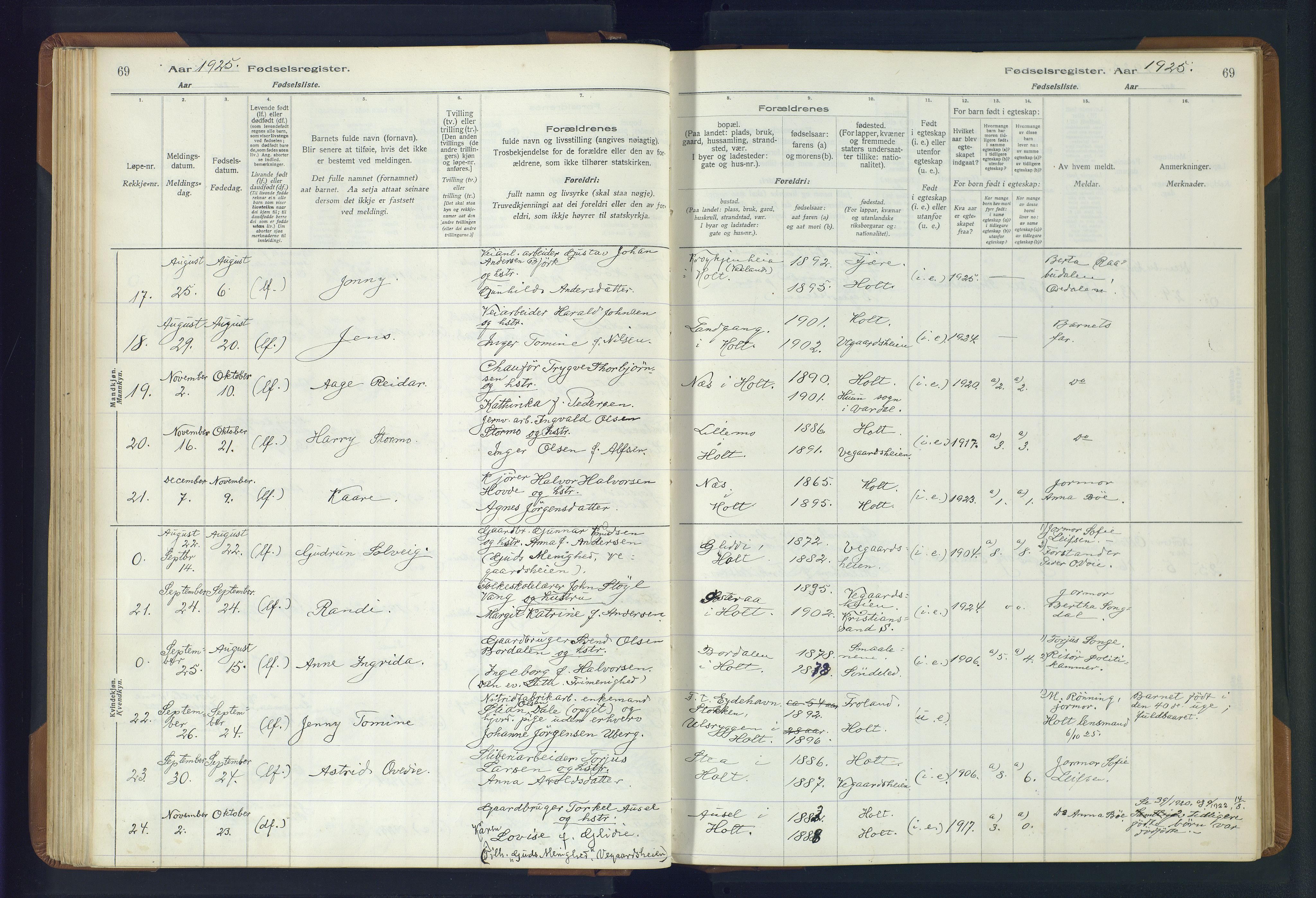 Holt sokneprestkontor, AV/SAK-1111-0021/J/Ja/L0001: Birth register no. II.4.1, 1916-1946, p. 69