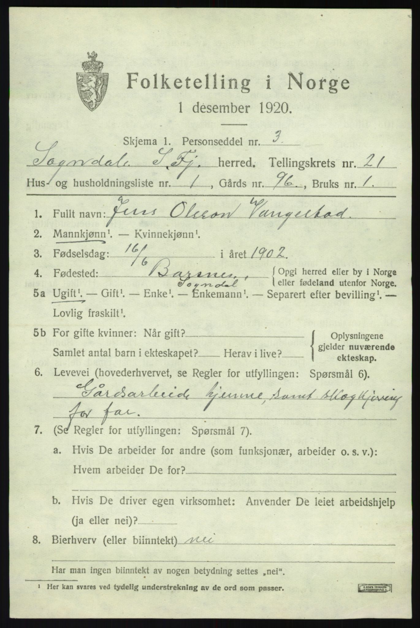 SAB, 1920 census for Sogndal, 1920, p. 7705