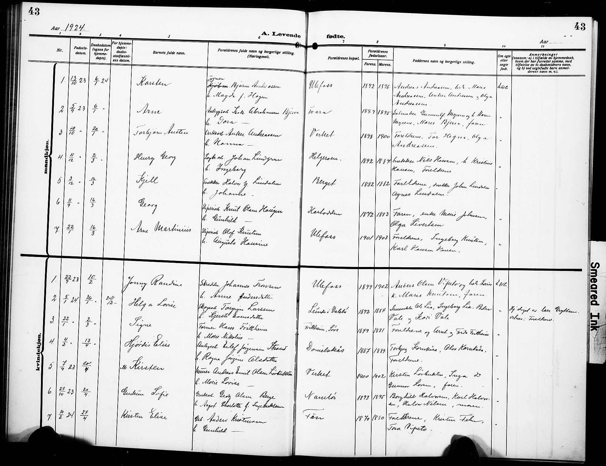 Holla kirkebøker, SAKO/A-272/G/Ga/L0006: Parish register (copy) no. I 6, 1917-1928, p. 43