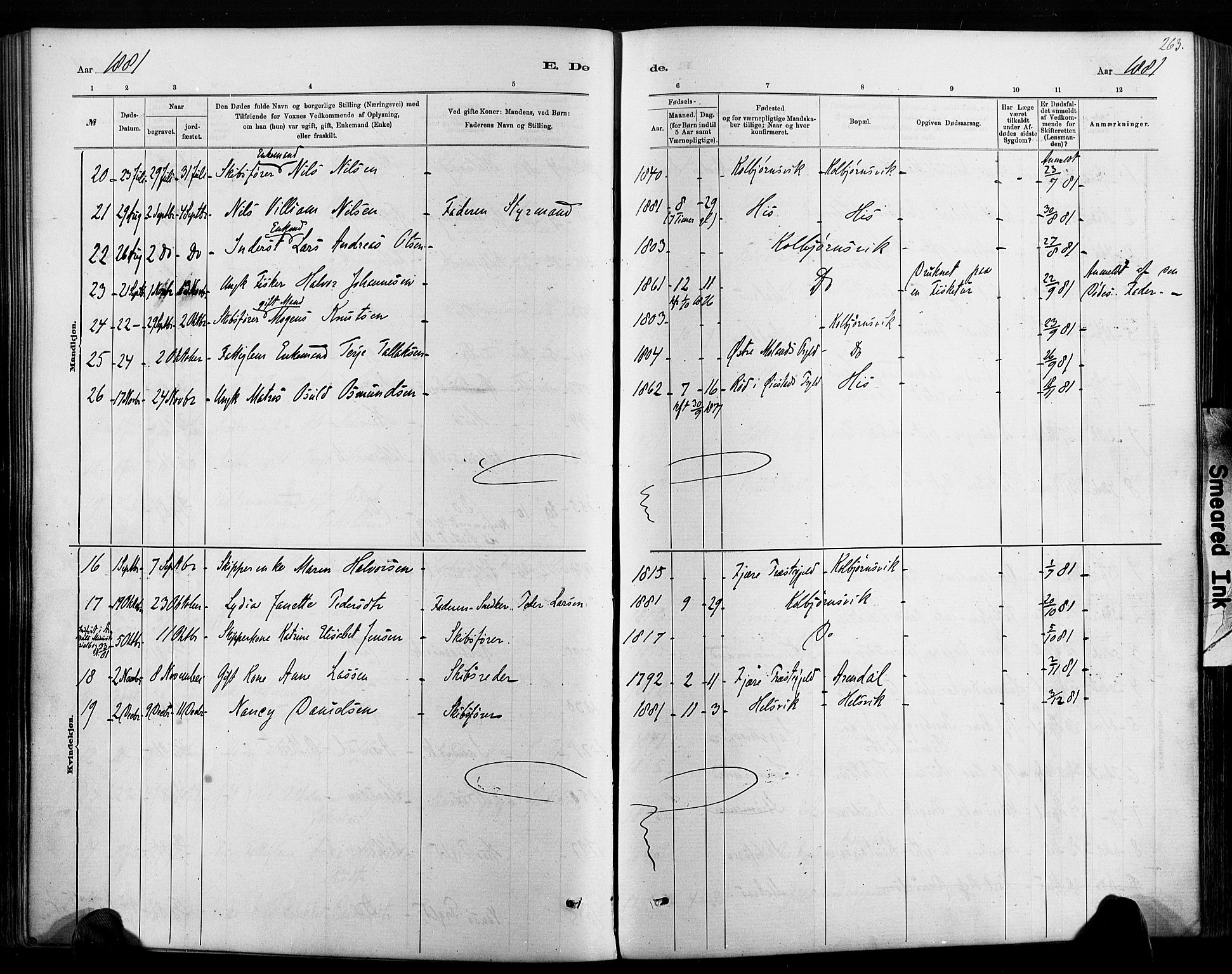 Hisøy sokneprestkontor, AV/SAK-1111-0020/F/Fa/L0003: Parish register (official) no. A 3, 1881-1894, p. 263