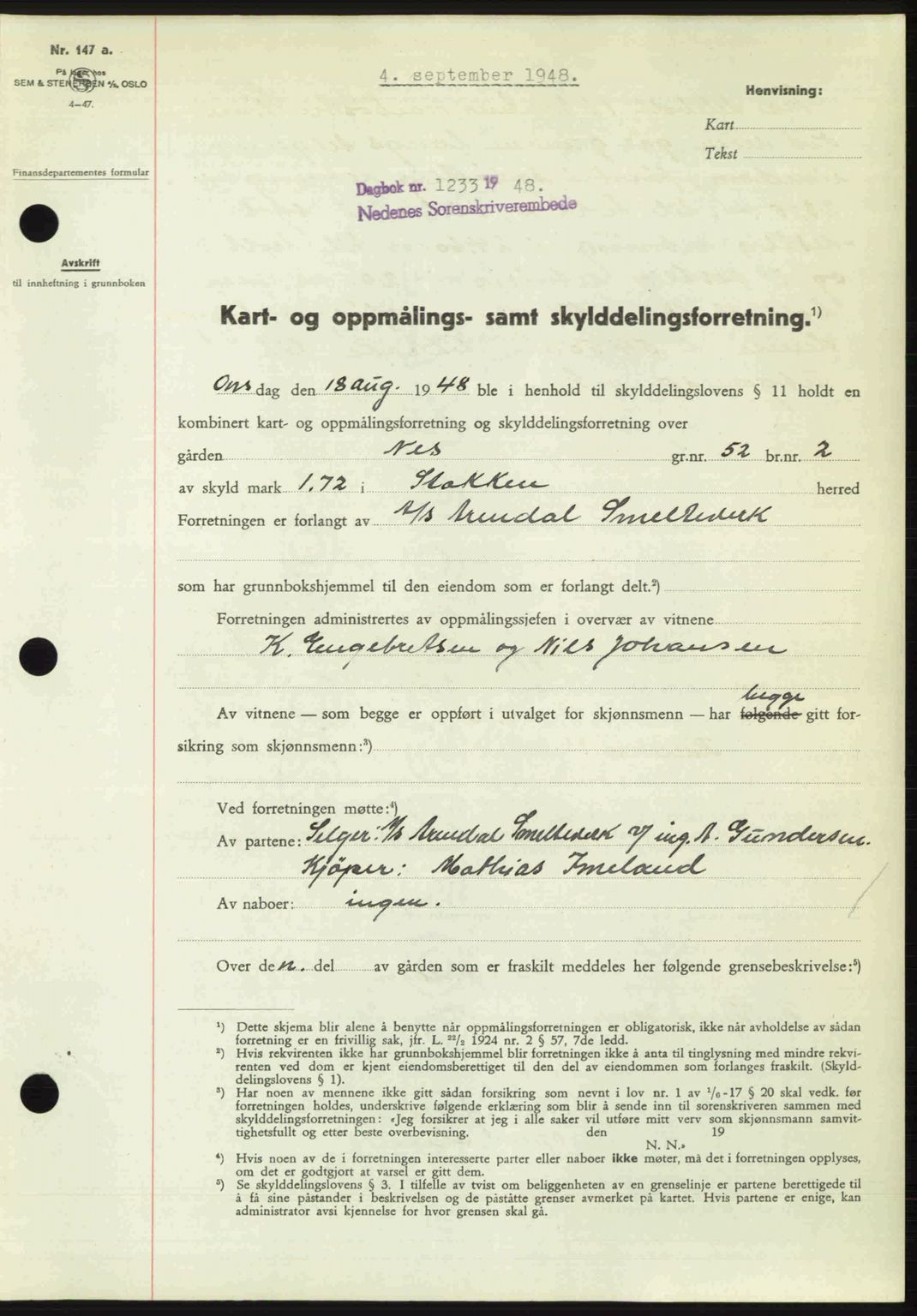 Nedenes sorenskriveri, AV/SAK-1221-0006/G/Gb/Gba/L0059: Mortgage book no. A11, 1948-1948, Diary no: : 1233/1948