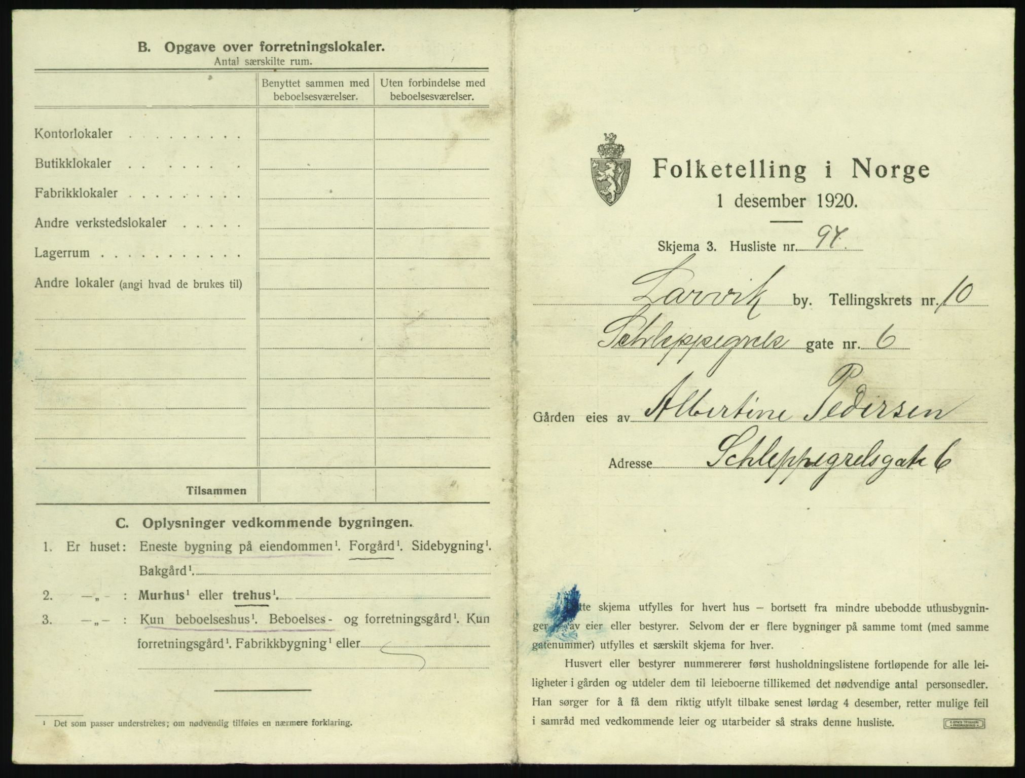 SAKO, 1920 census for Larvik, 1920, p. 2606