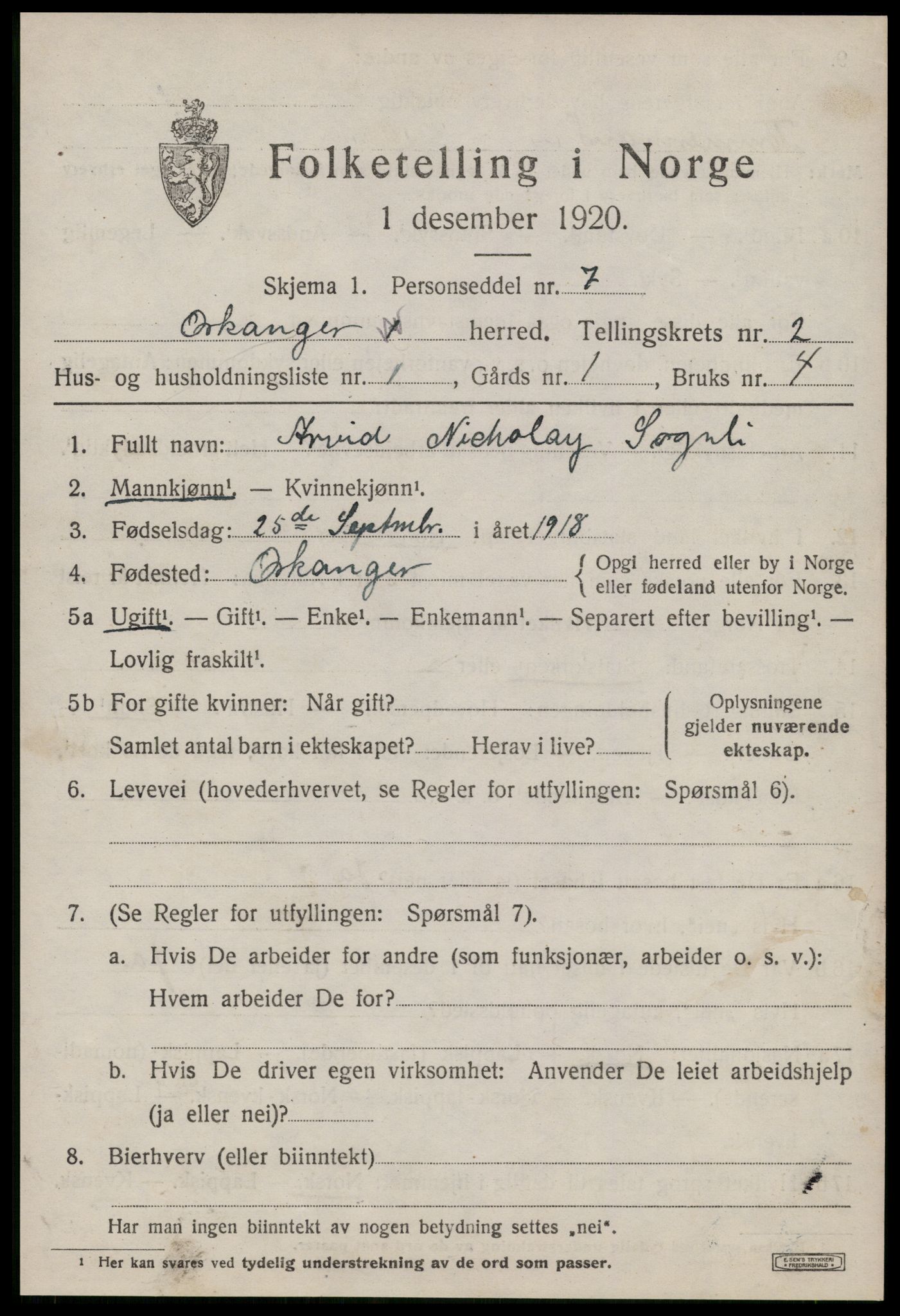 SAT, 1920 census for Orkanger, 1920, p. 1205