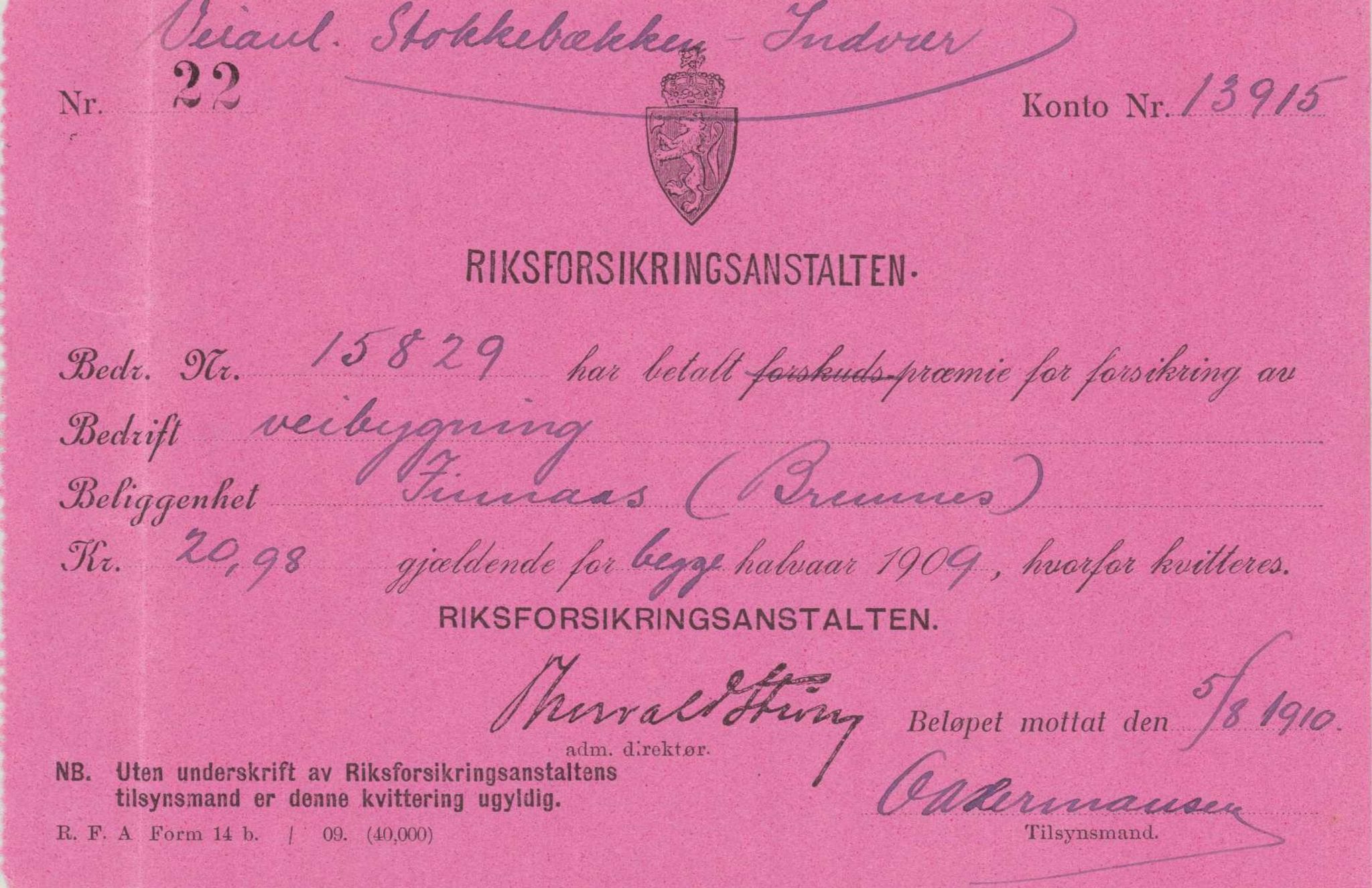 Finnaas kommune. Formannskapet, IKAH/1218a-021/E/Ea/L0001/0001: Rekneskap for veganlegg / Rekneskap for veganlegget Indvær - Stokkabakken, 1910-1915, p. 15