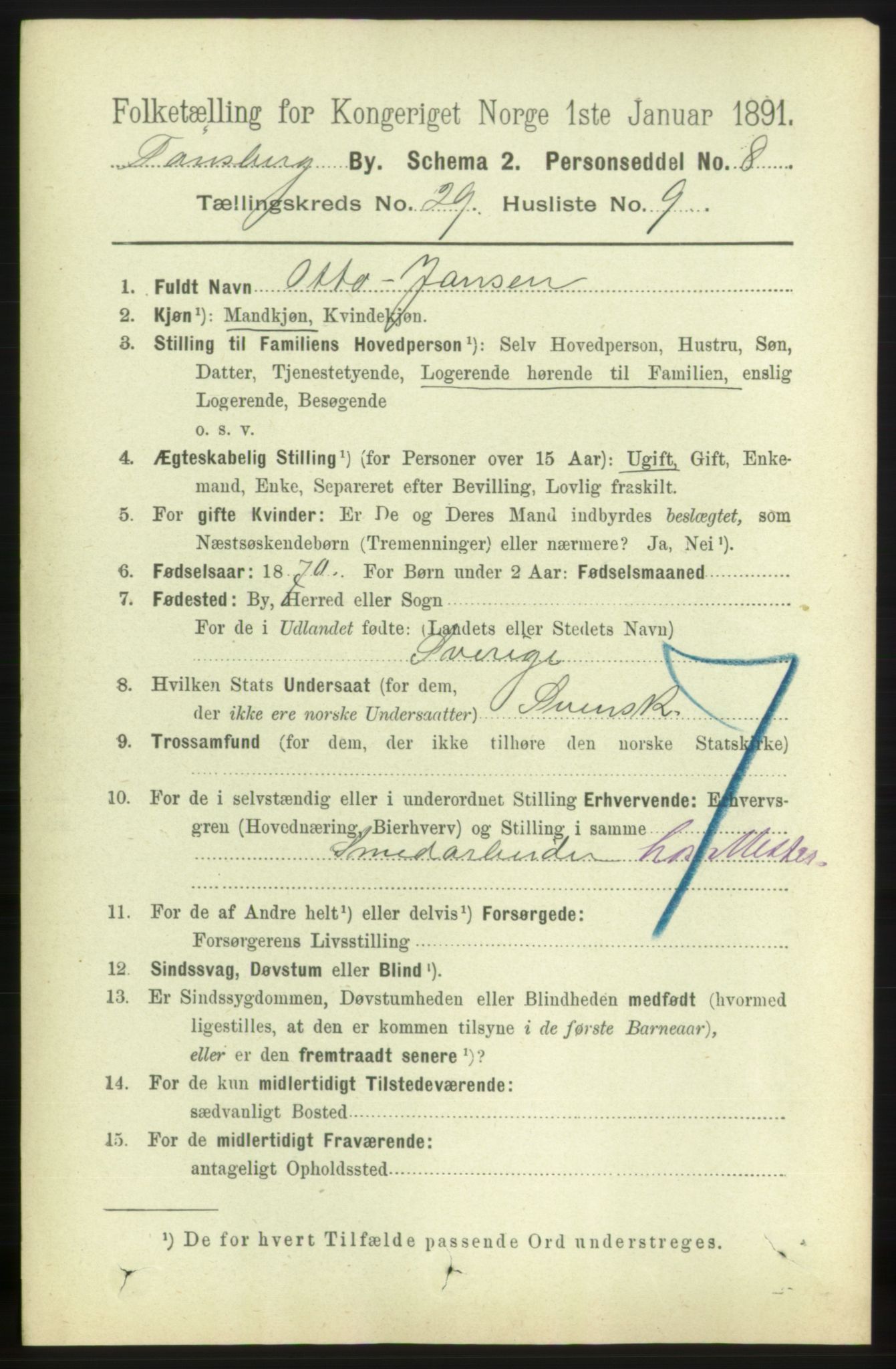 RA, 1891 census for 0705 Tønsberg, 1891, p. 7191