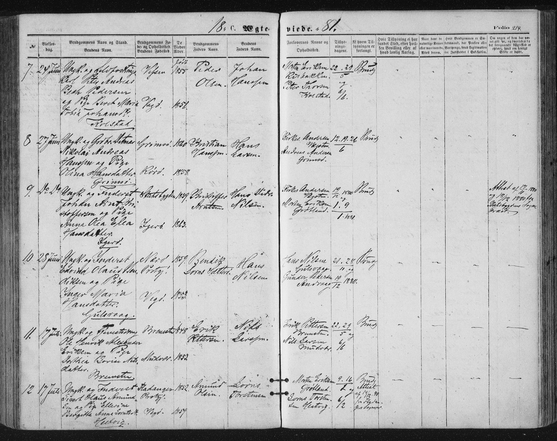 Ministerialprotokoller, klokkerbøker og fødselsregistre - Nordland, SAT/A-1459/816/L0241: Parish register (official) no. 816A07, 1870-1885, p. 214