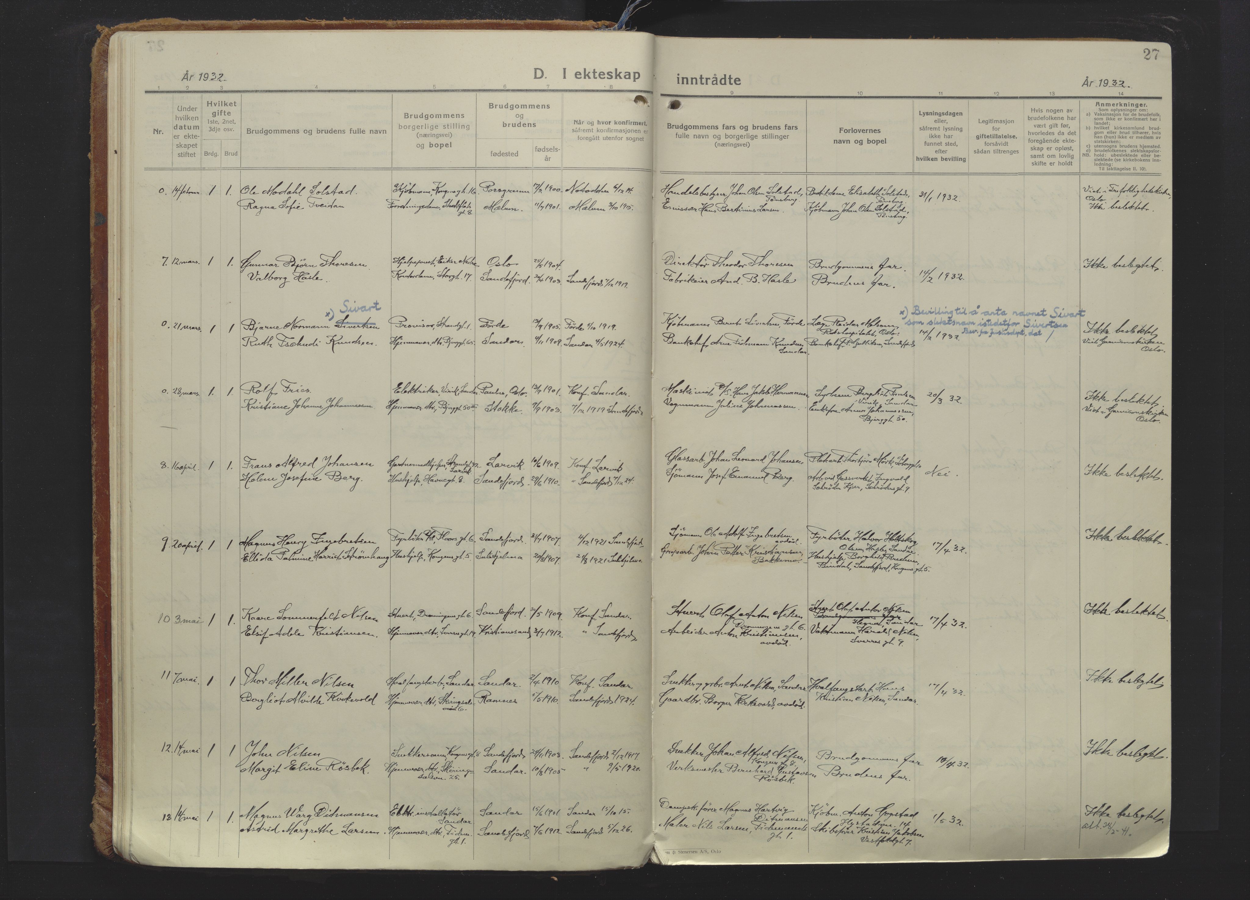 Sandefjord kirkebøker, SAKO/A-315/F/Fa/L0009: Parish register (official) no. 9, 1926-1945, p. 27