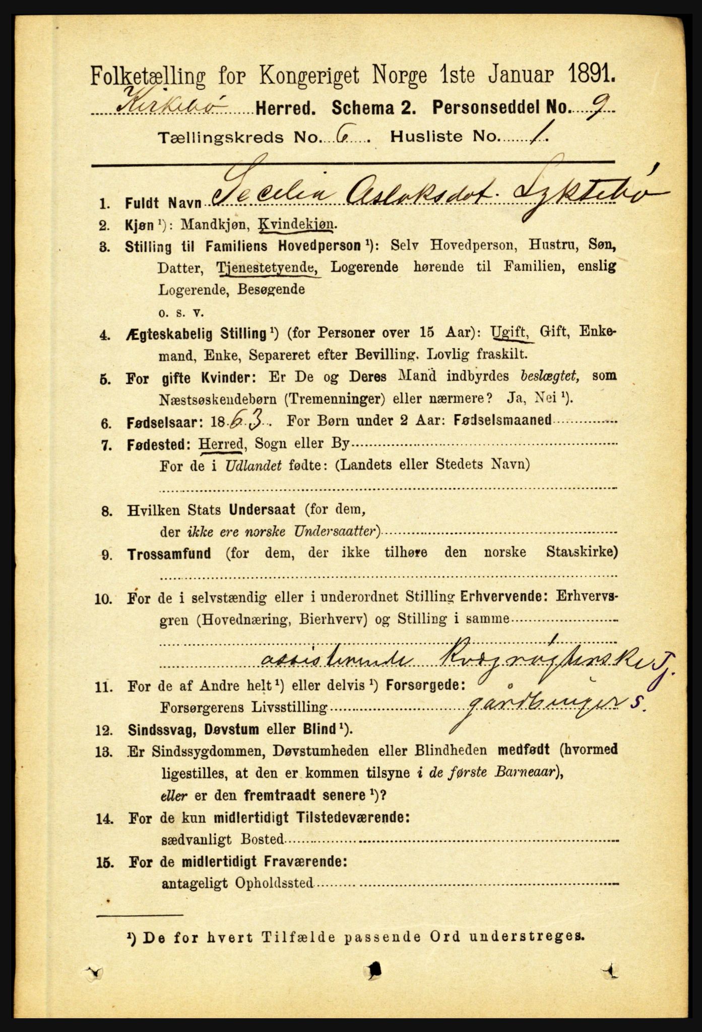 RA, 1891 census for 1416 Kyrkjebø, 1891, p. 1383