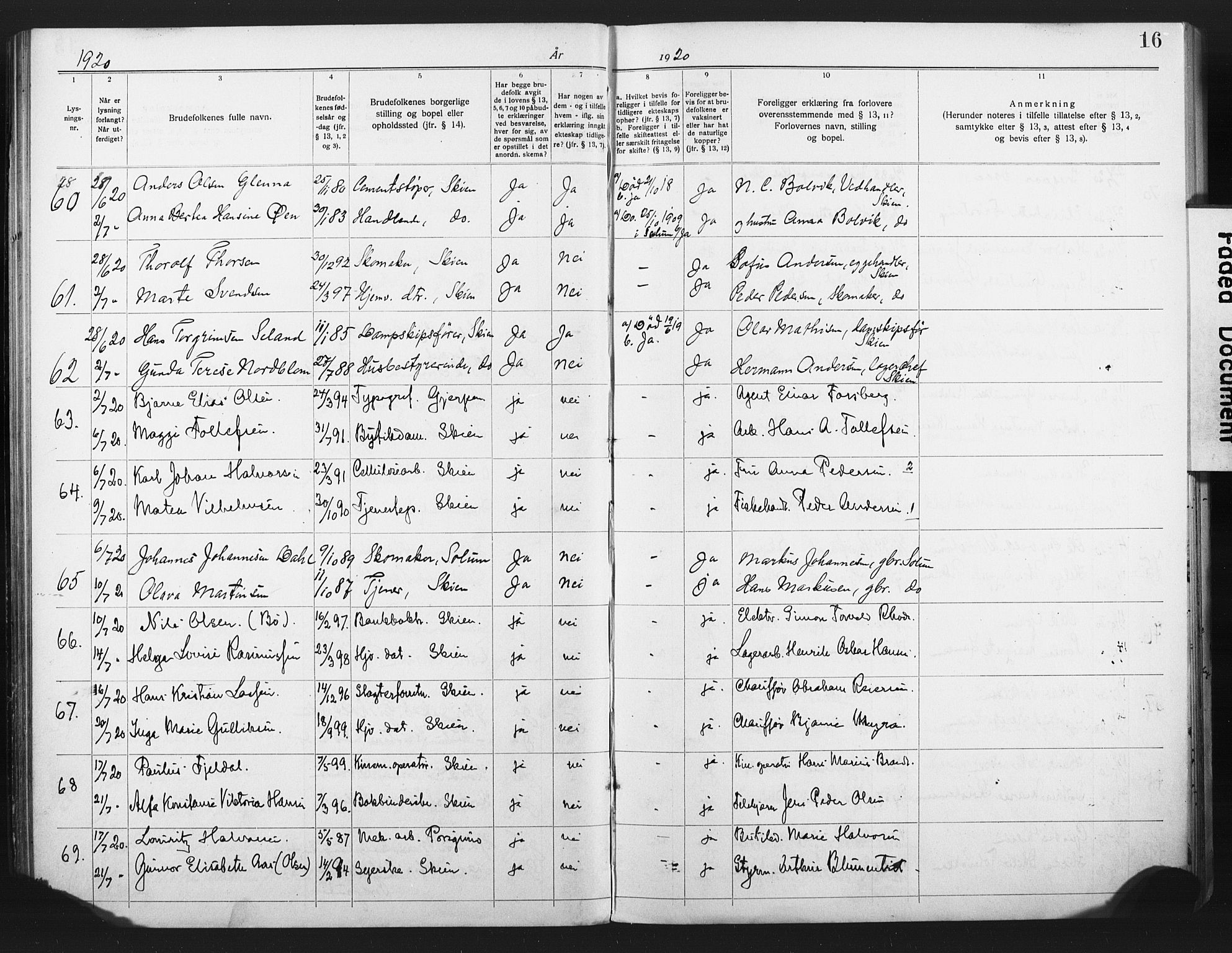 Skien kirkebøker, SAKO/A-302/H/Ha/L0001: Banns register no. 1, 1919-1929, p. 16