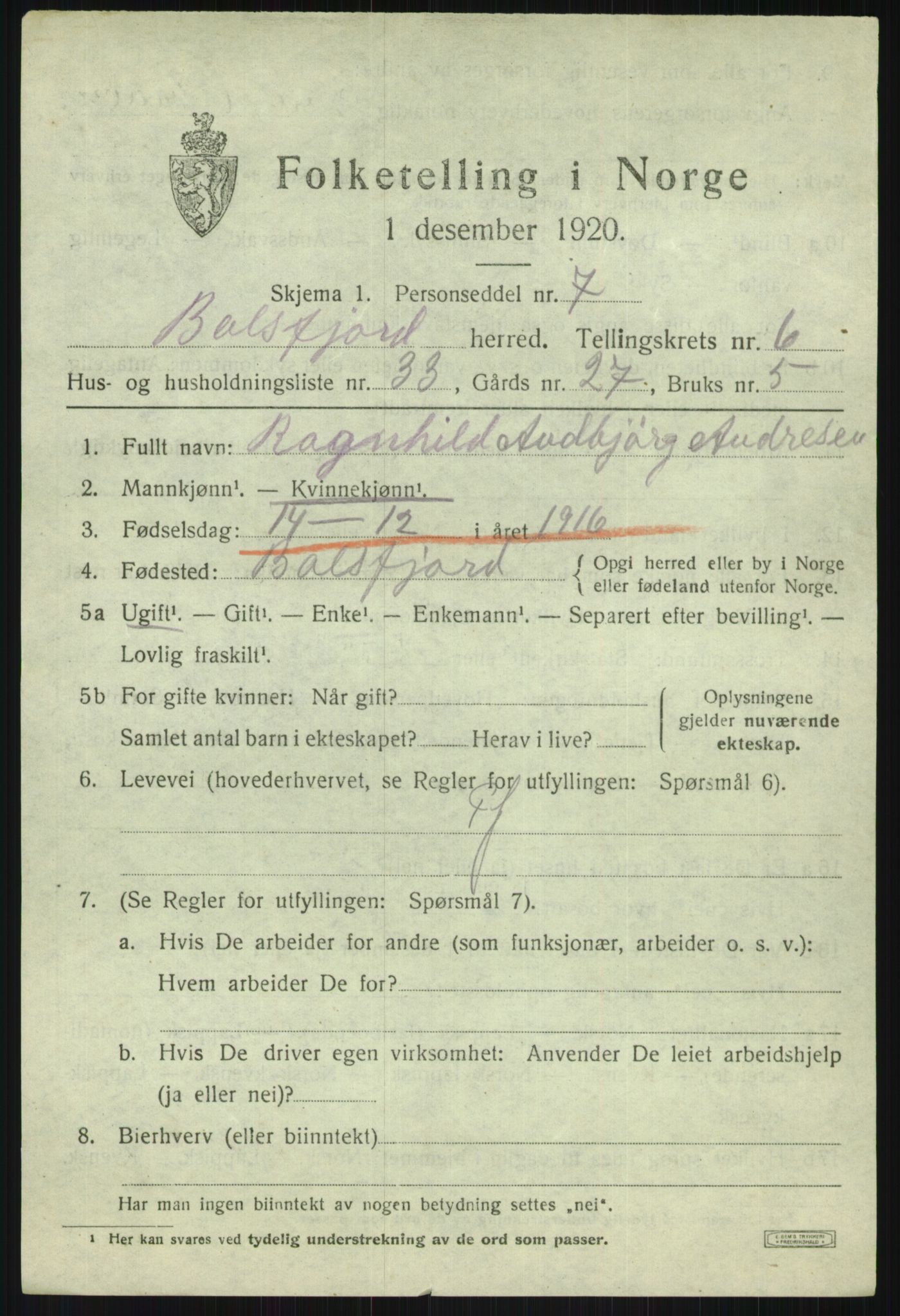 SATØ, 1920 census for Balsfjord, 1920, p. 4150