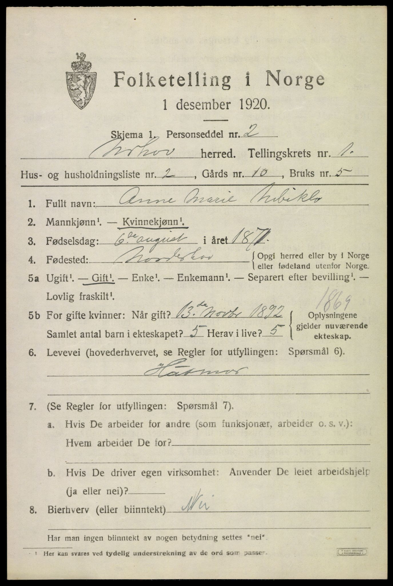 SAKO, 1920 census for Norderhov, 1920, p. 3614