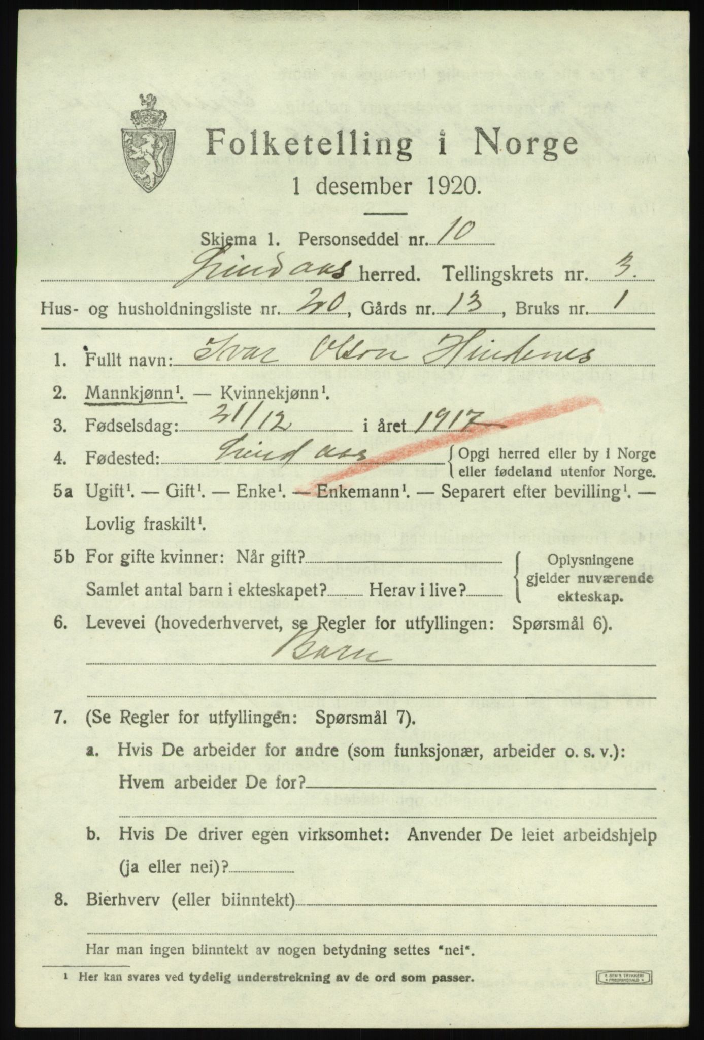 SAB, 1920 census for Lindås, 1920, p. 2229