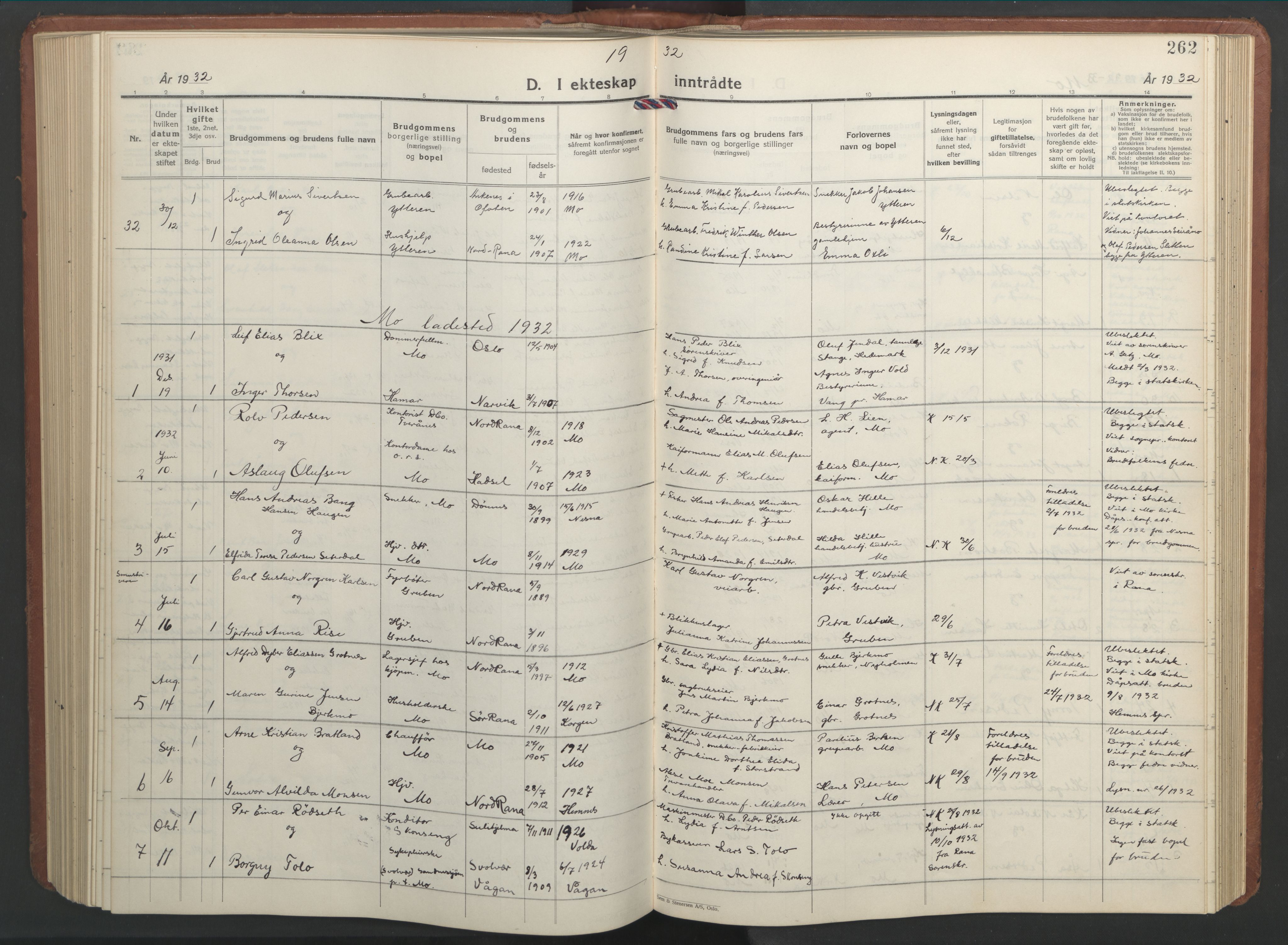 Ministerialprotokoller, klokkerbøker og fødselsregistre - Nordland, AV/SAT-A-1459/827/L0425: Parish register (copy) no. 827C14, 1931-1946, p. 262