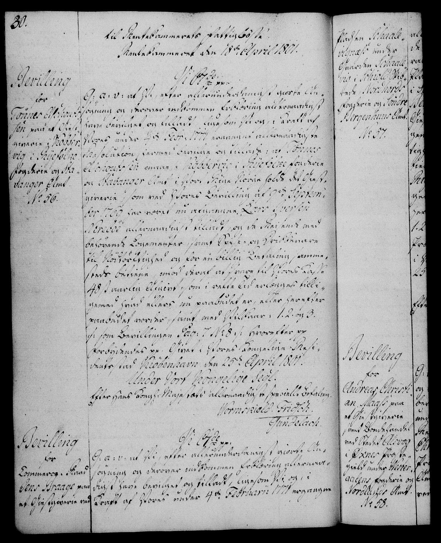 Rentekammeret, Kammerkanselliet, RA/EA-3111/G/Gg/Gga/L0017: Norsk ekspedisjonsprotokoll med register (merket RK 53.17), 1801-1803, p. 30