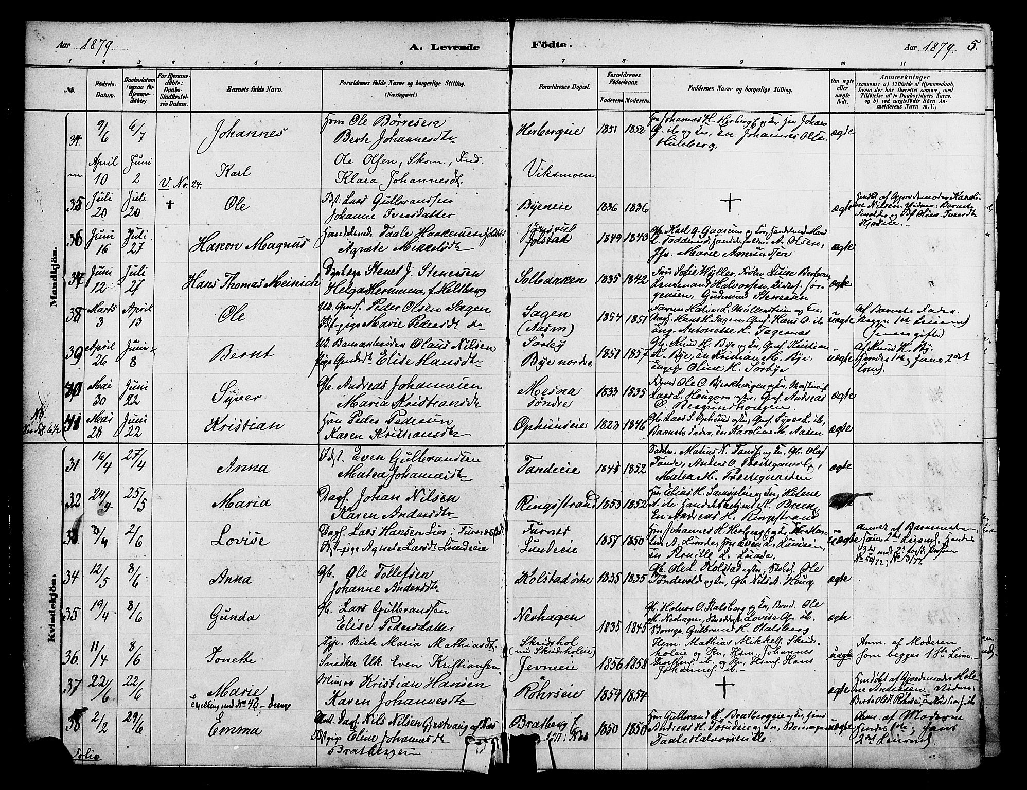 Ringsaker prestekontor, AV/SAH-PREST-014/K/Ka/L0012: Parish register (official) no. 12, 1879-1890, p. 5