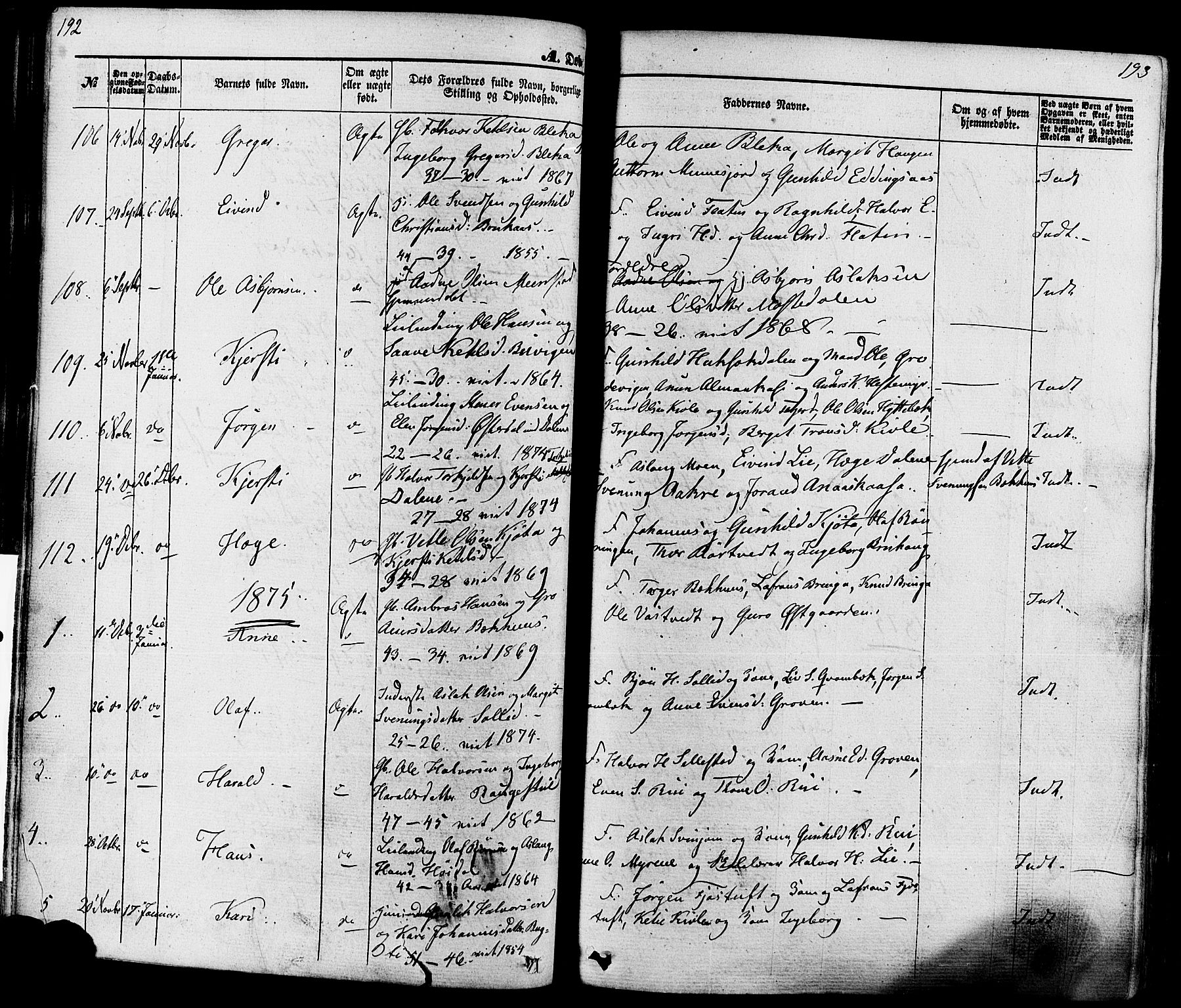 Seljord kirkebøker, AV/SAKO-A-20/F/Fa/L0013: Parish register (official) no. I 13, 1866-1876, p. 192-193