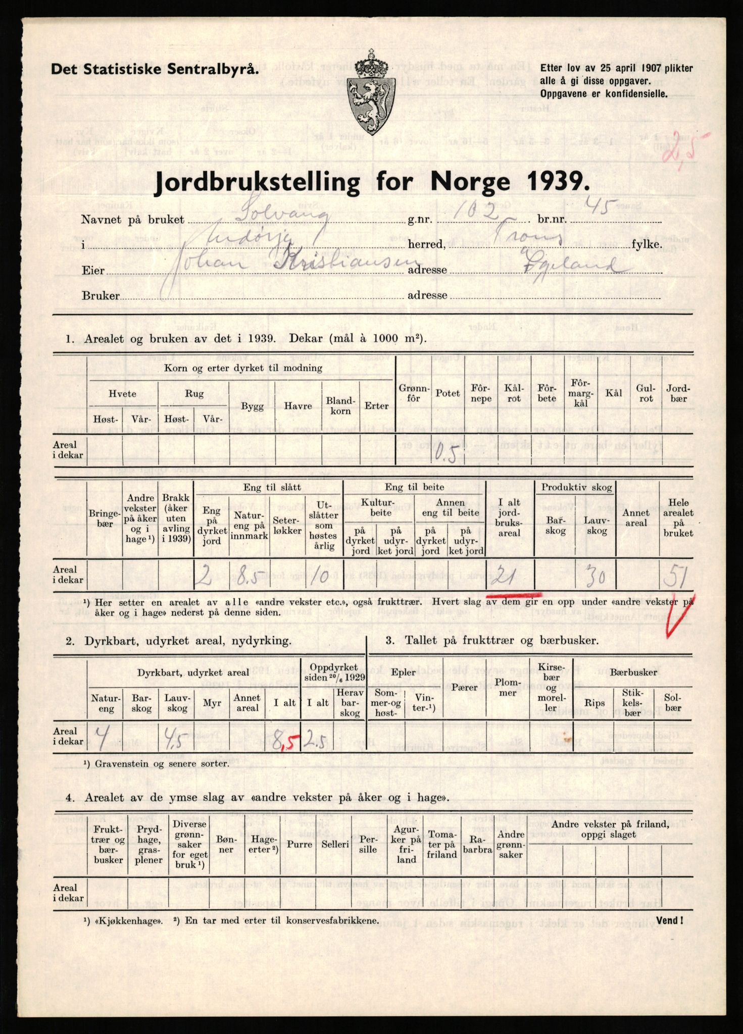 Statistisk sentralbyrå, Næringsøkonomiske emner, Jordbruk, skogbruk, jakt, fiske og fangst, AV/RA-S-2234/G/Gb/L0339: Troms: Andørja, Astafjord og Lavangen, 1939, p. 653