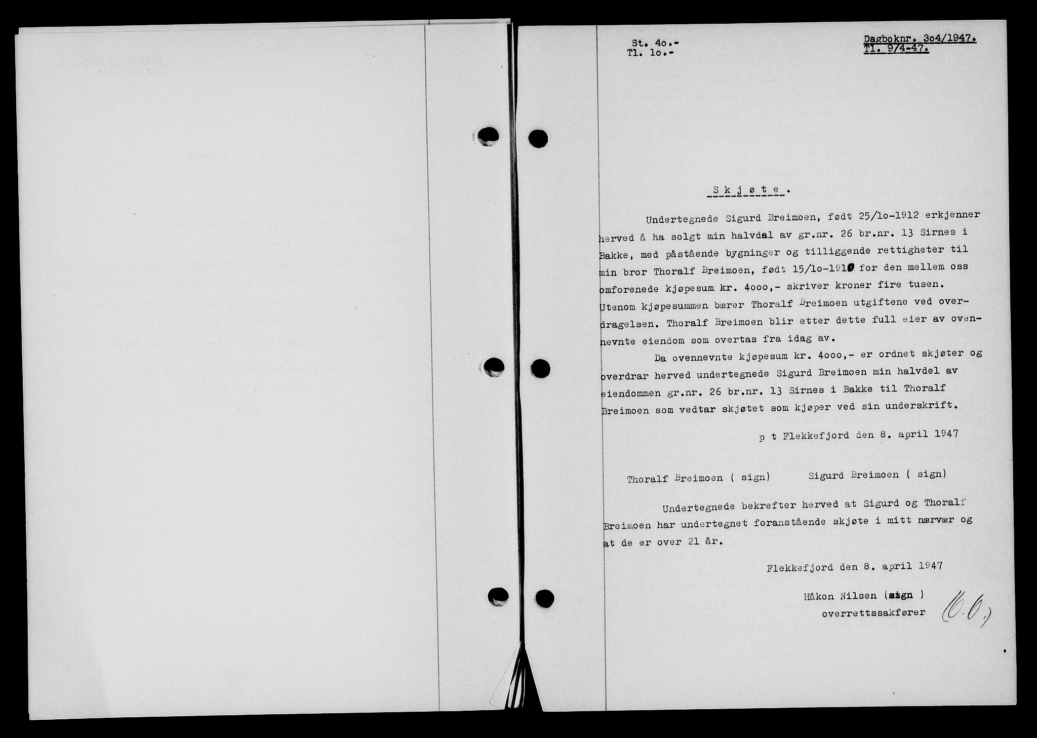 Flekkefjord sorenskriveri, AV/SAK-1221-0001/G/Gb/Gba/L0061: Mortgage book no. A-9, 1946-1947, Diary no: : 304/1947