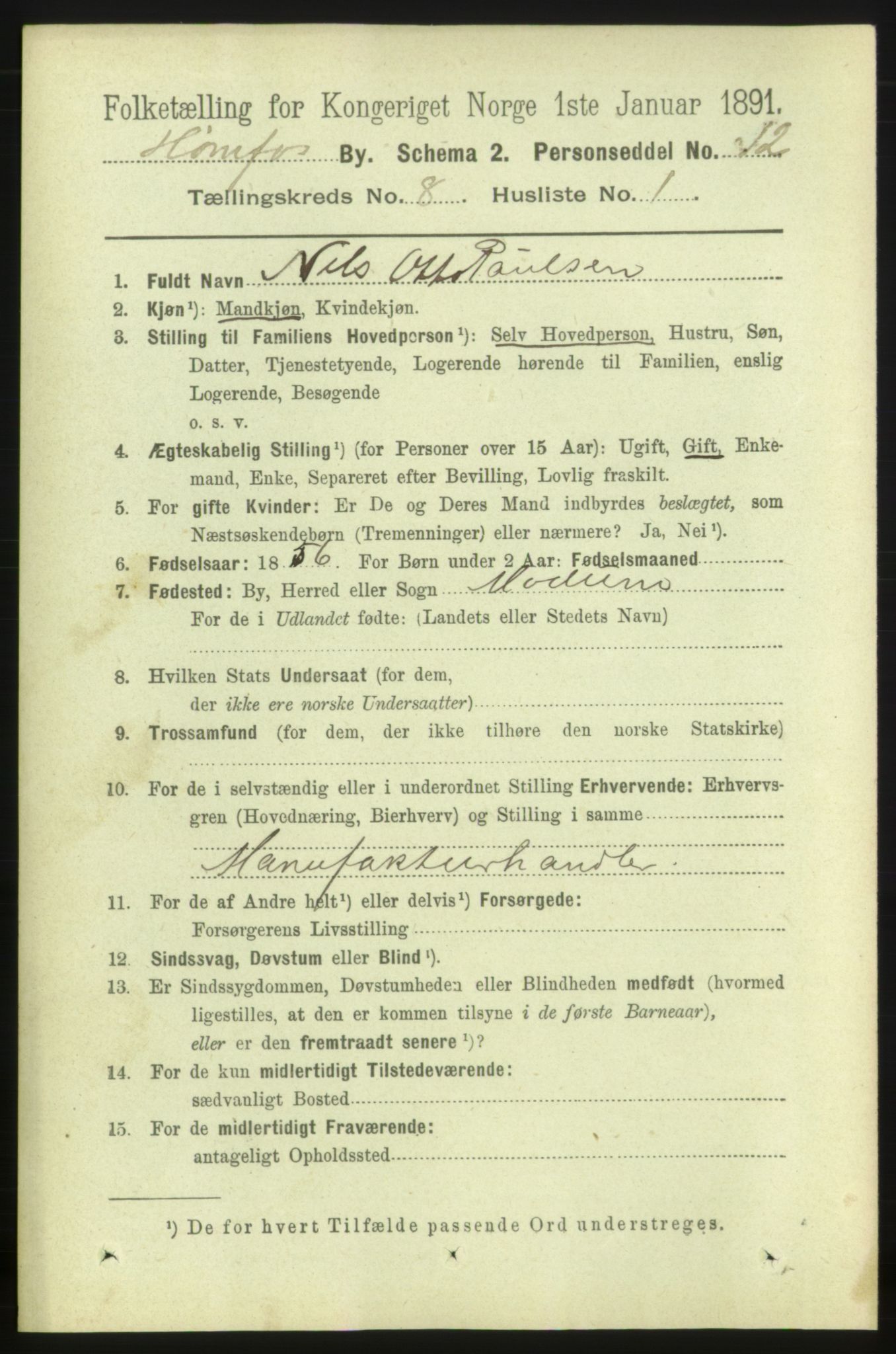 RA, 1891 census for 0601 Hønefoss, 1891, p. 1257