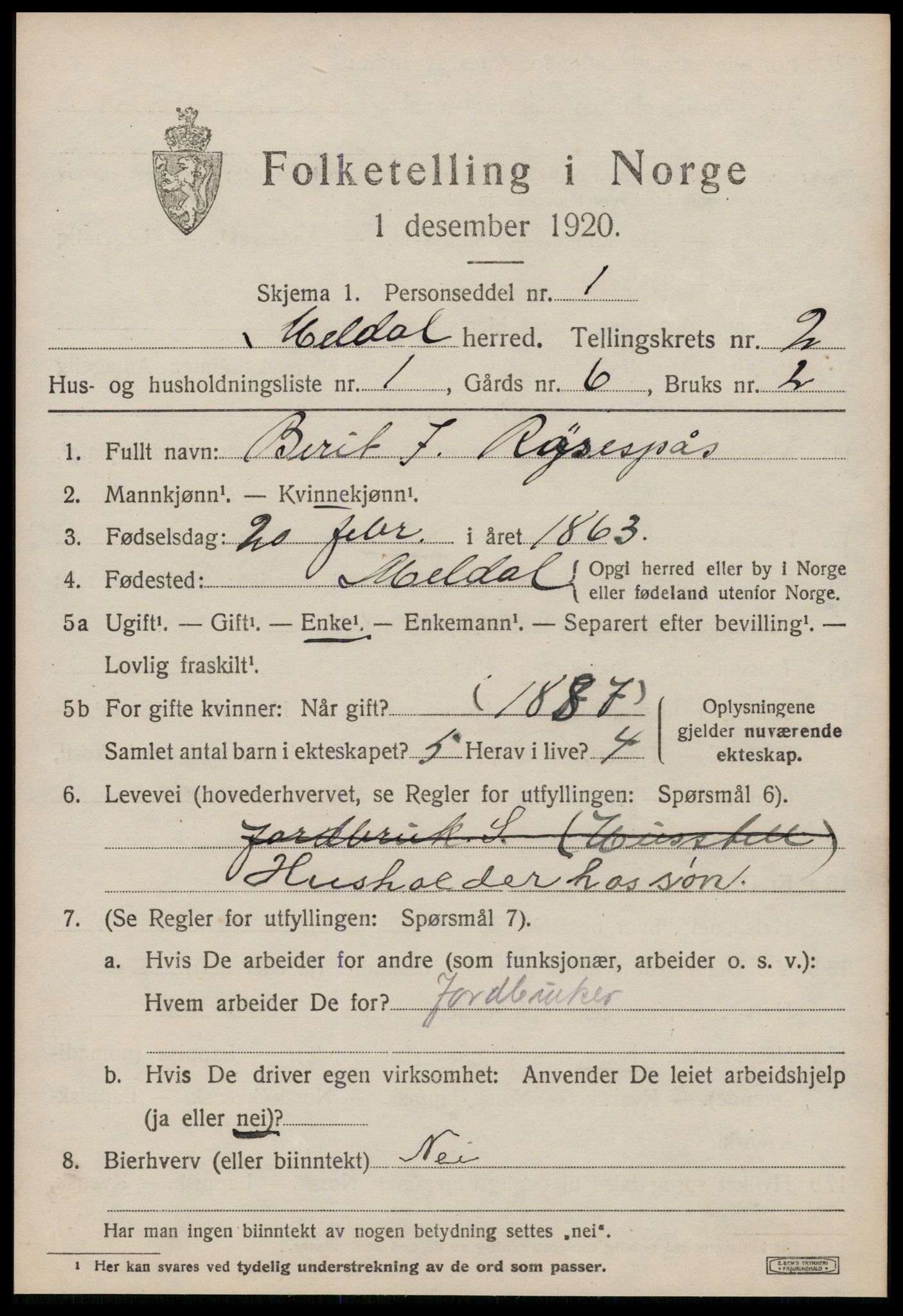 SAT, 1920 census for Meldal, 1920, p. 2021