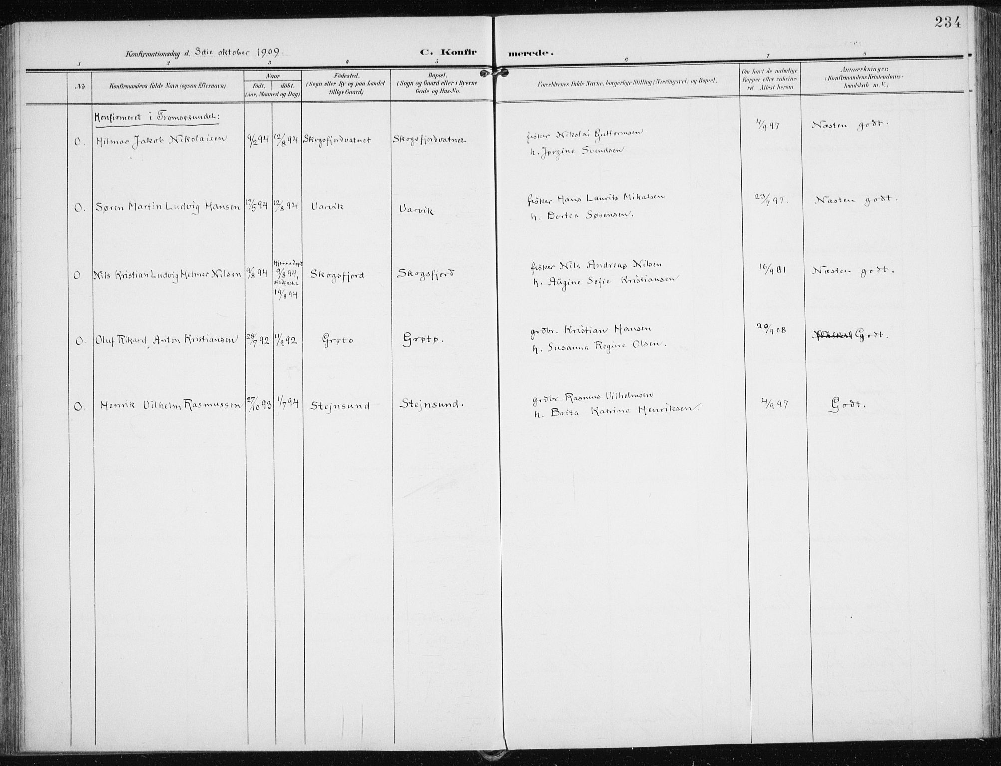 Karlsøy sokneprestembete, AV/SATØ-S-1299/H/Ha/Haa/L0014kirke: Parish register (official) no. 14, 1903-1917, p. 234