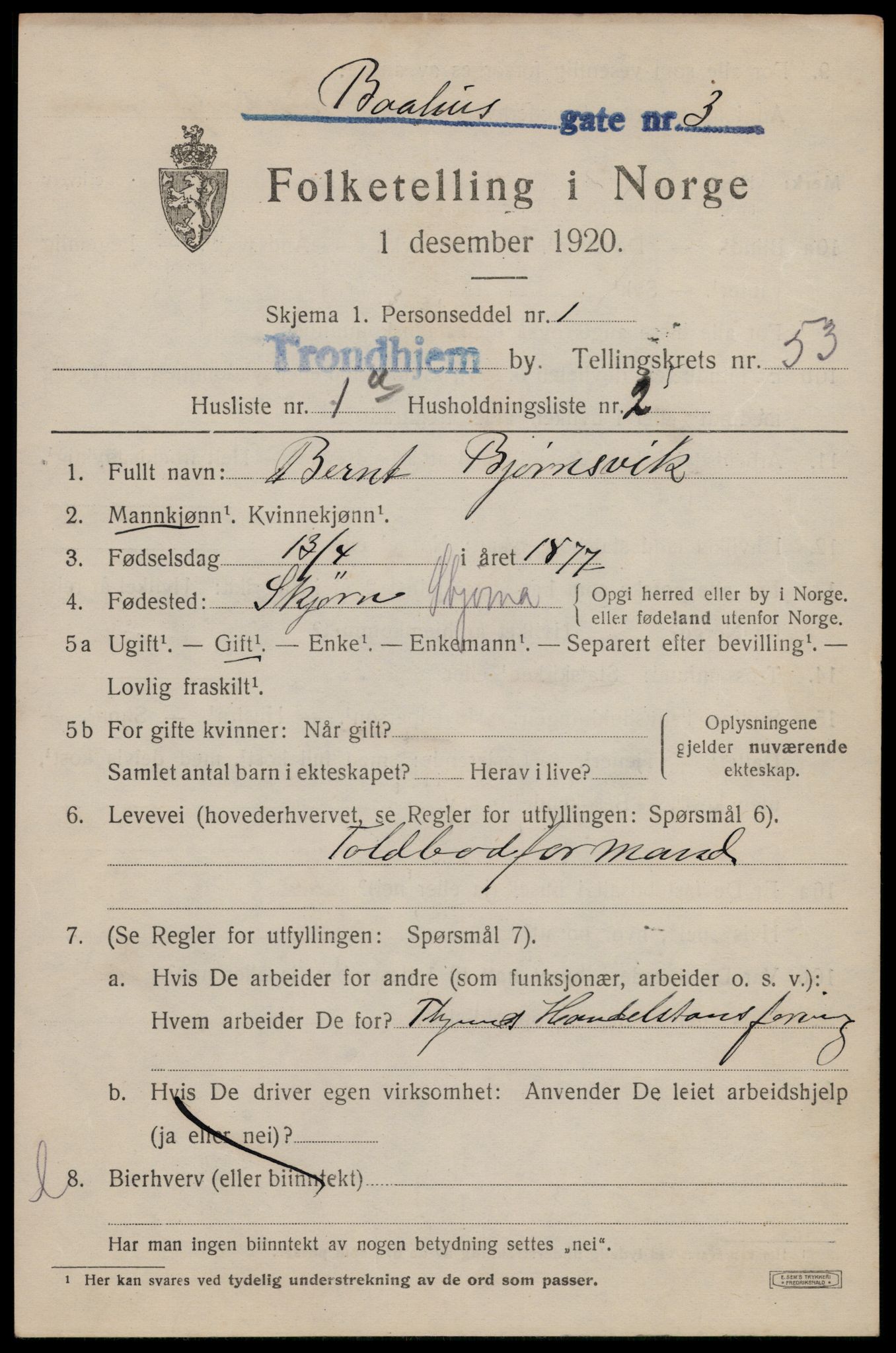 SAT, 1920 census for Trondheim, 1920, p. 107978