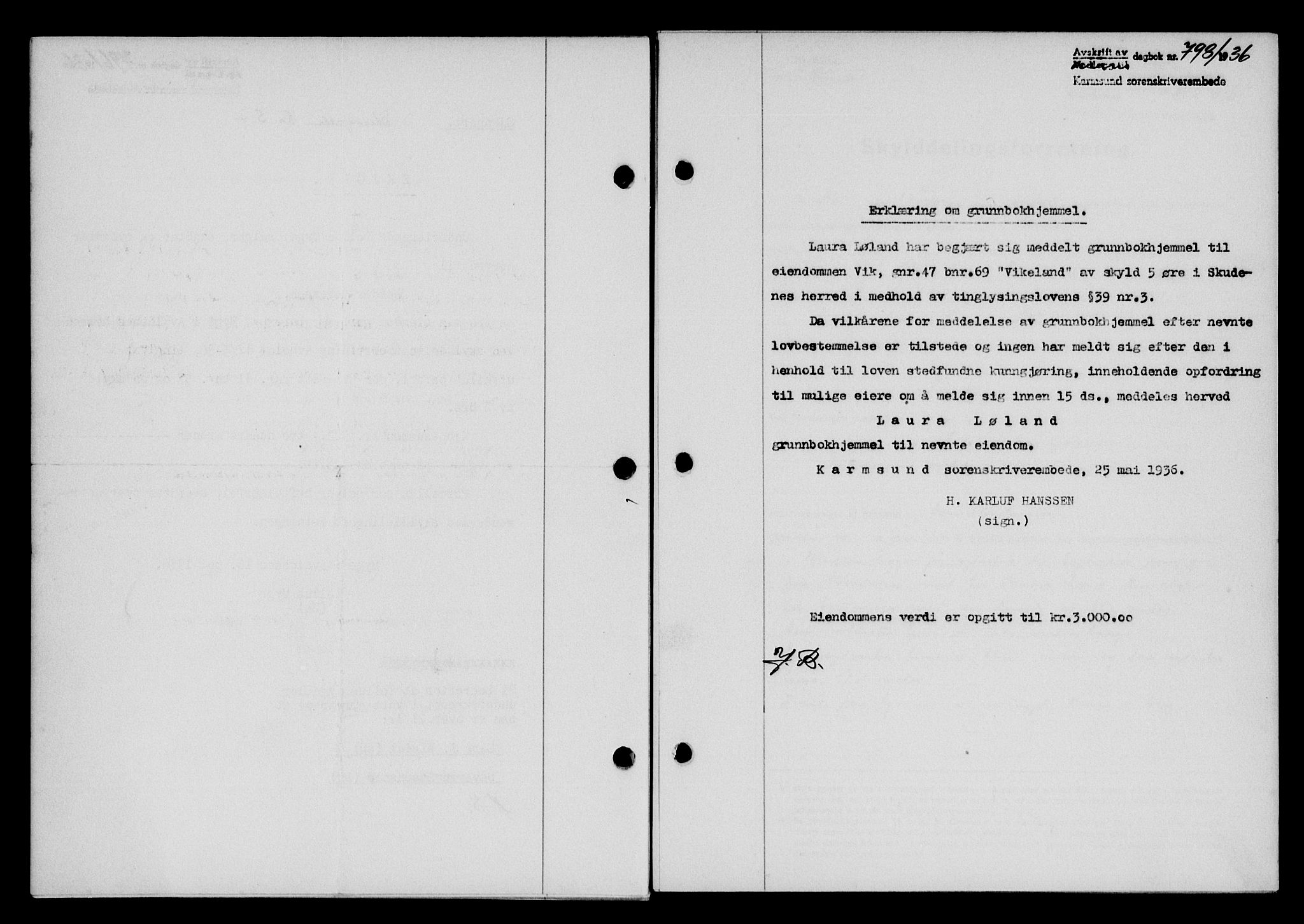 Karmsund sorenskriveri, SAST/A-100311/01/II/IIB/L0066: Mortgage book no. 47A, 1936-1936, Diary no: : 798/1936