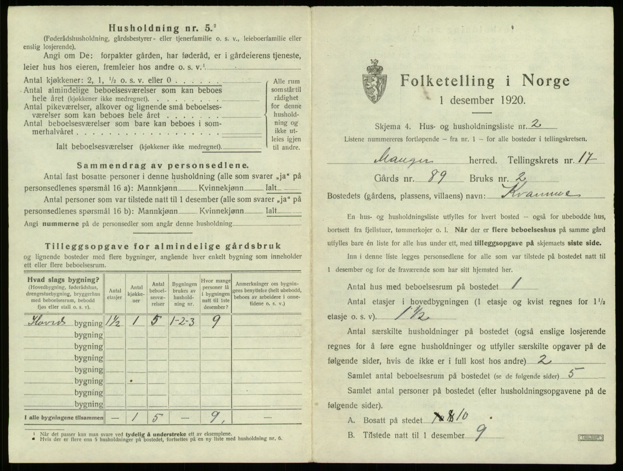 SAB, 1920 census for Manger, 1920, p. 1282