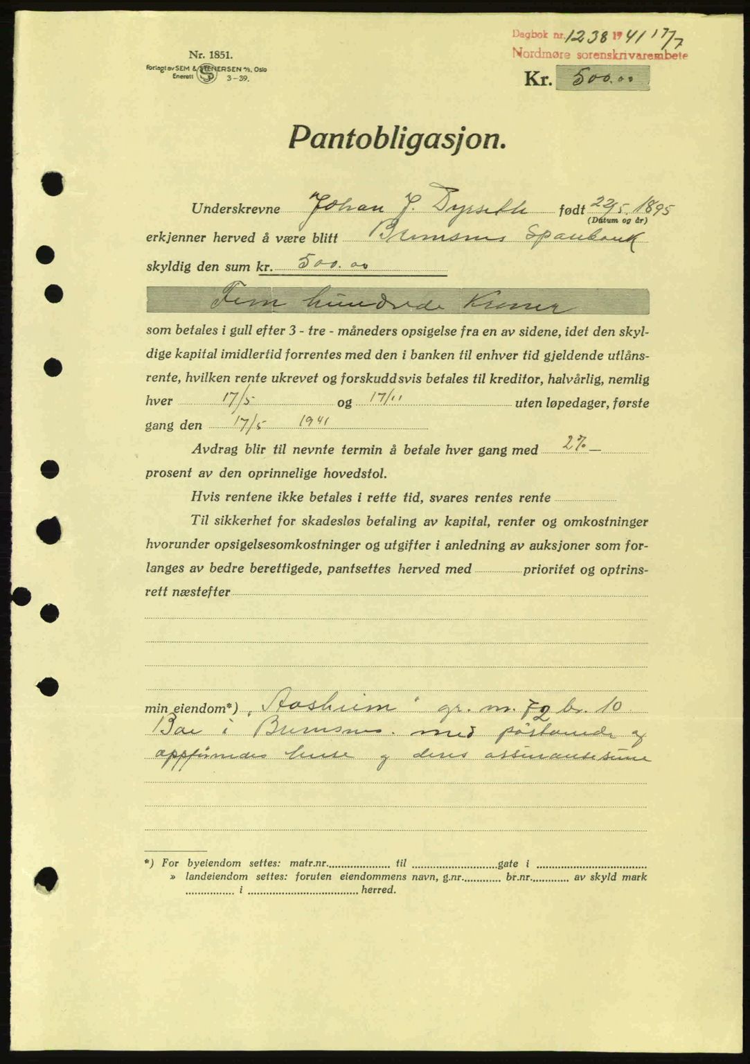 Nordmøre sorenskriveri, AV/SAT-A-4132/1/2/2Ca: Mortgage book no. B88, 1941-1942, Diary no: : 1238/1941