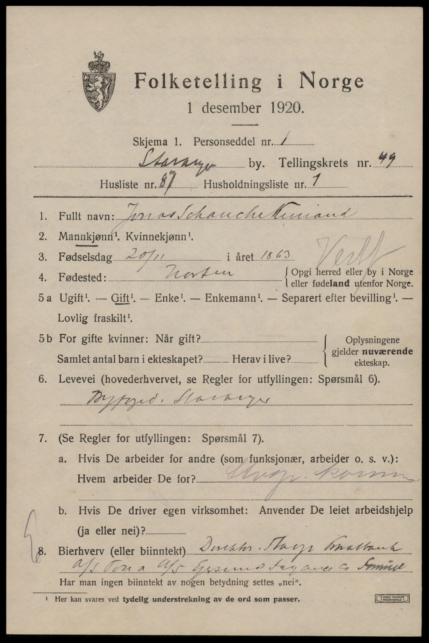 SAST, 1920 census for Stavanger, 1920, p. 119760