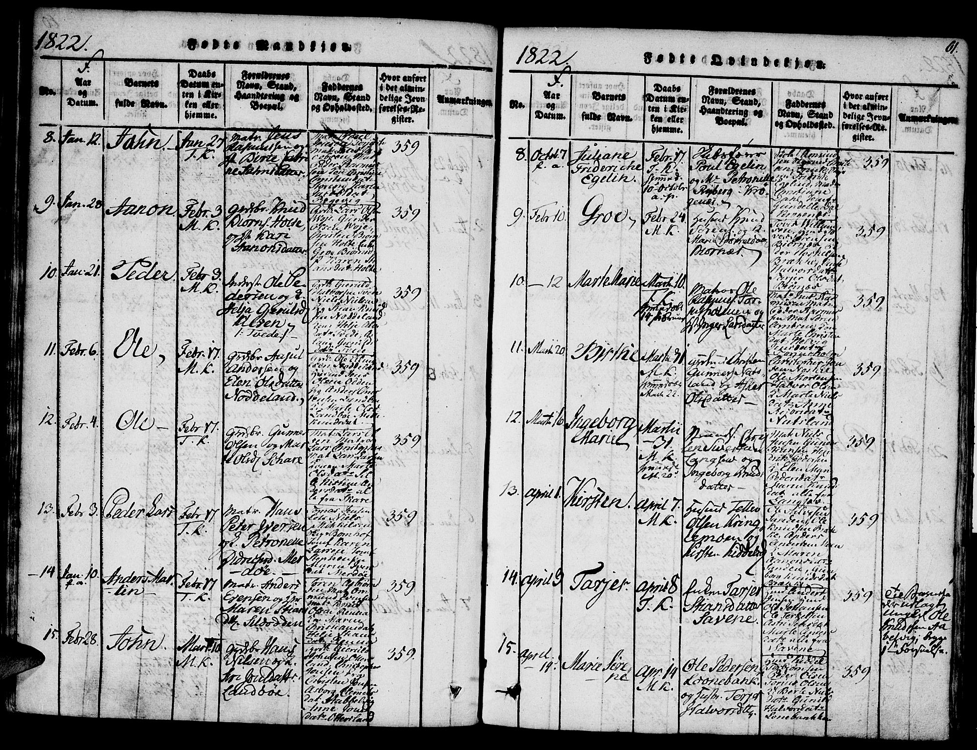 Austre Moland sokneprestkontor, AV/SAK-1111-0001/F/Fa/Faa/L0004: Parish register (official) no. A 4, 1816-1824, p. 61