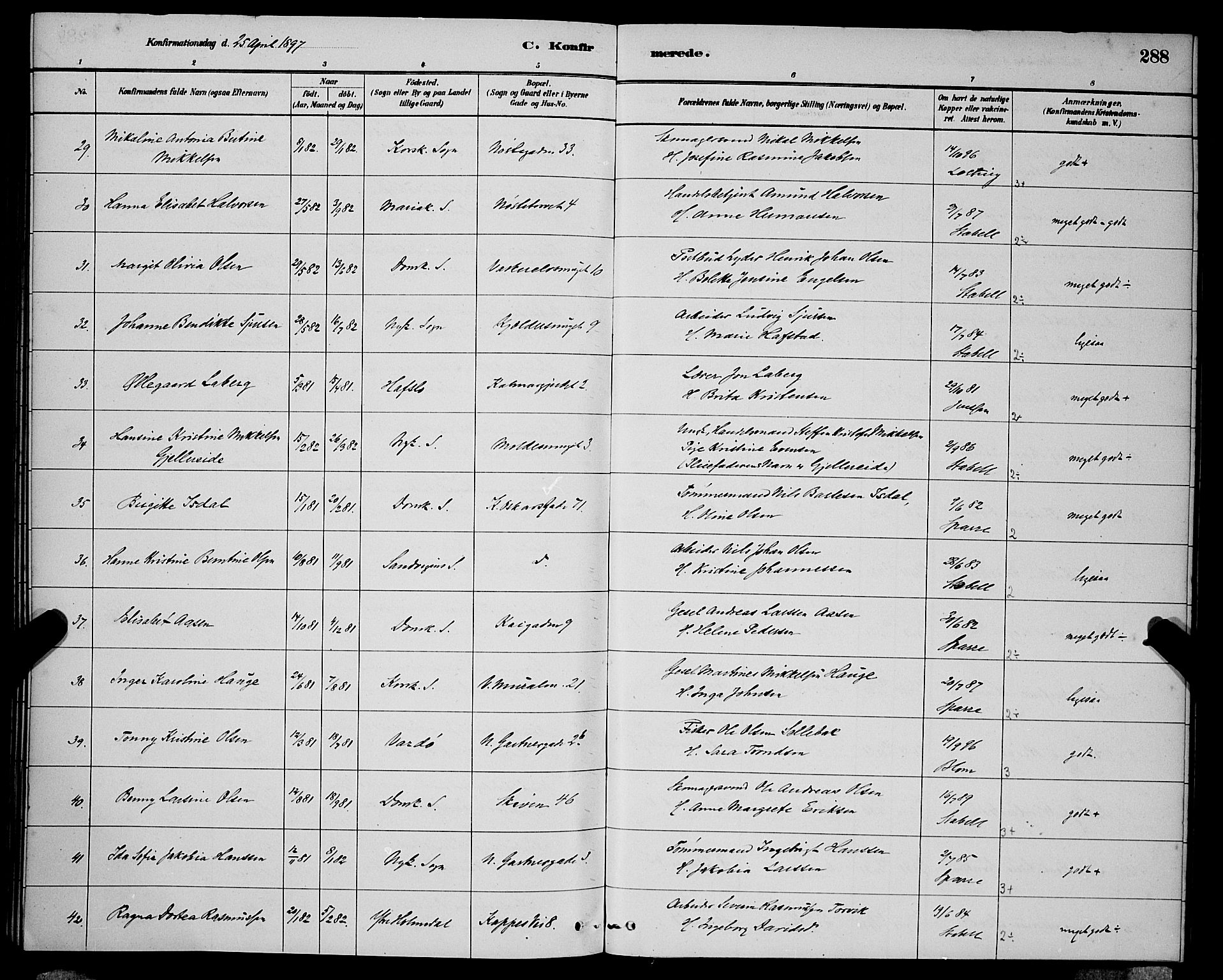 Domkirken sokneprestembete, SAB/A-74801/H/Hab/L0024: Parish register (copy) no. C 4, 1880-1899, p. 288