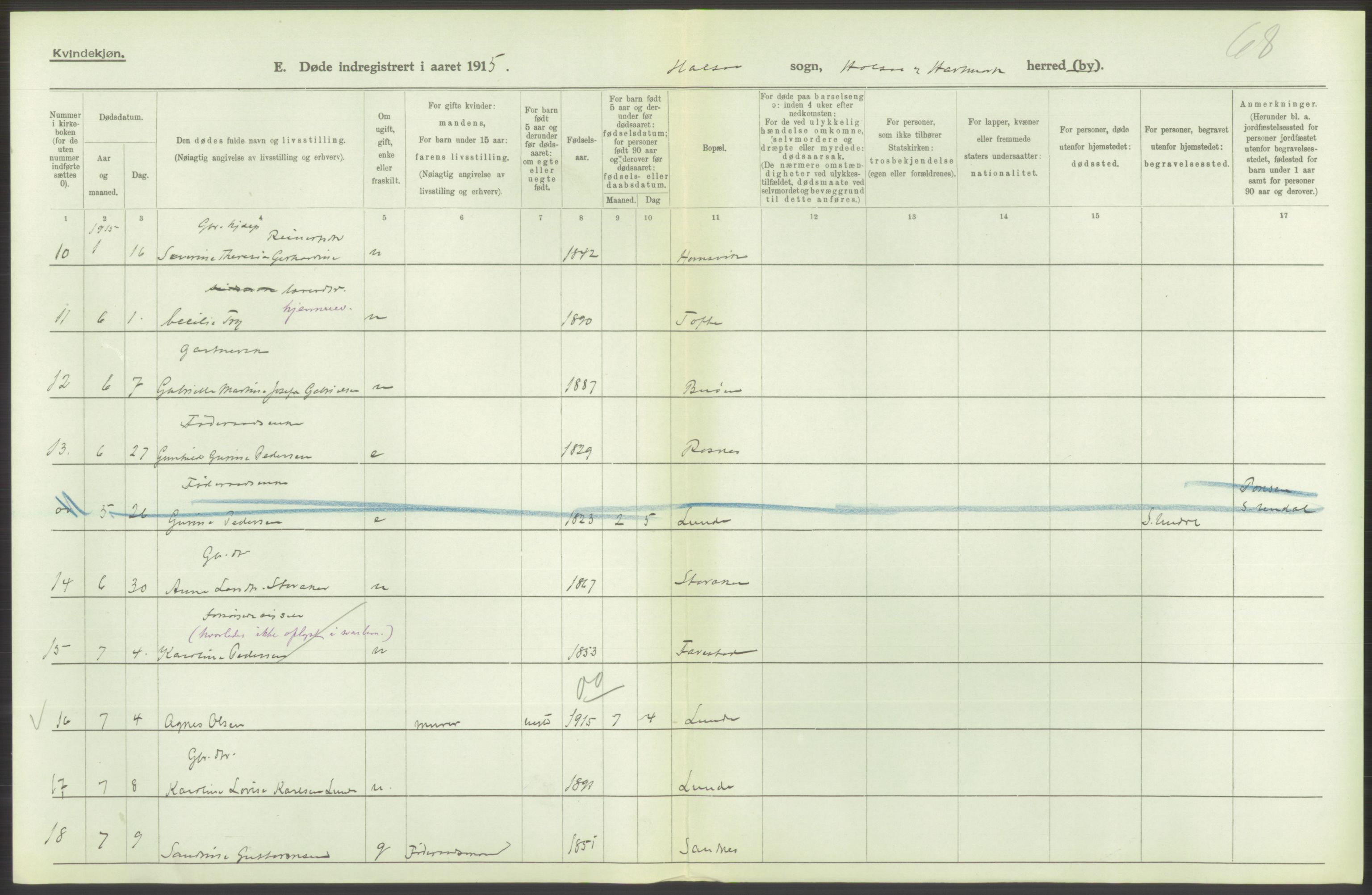 Statistisk sentralbyrå, Sosiodemografiske emner, Befolkning, AV/RA-S-2228/D/Df/Dfb/Dfbe/L0026: Lister og Mandals amt: Døde, dødfødte. Bygder og byer., 1915, p. 212