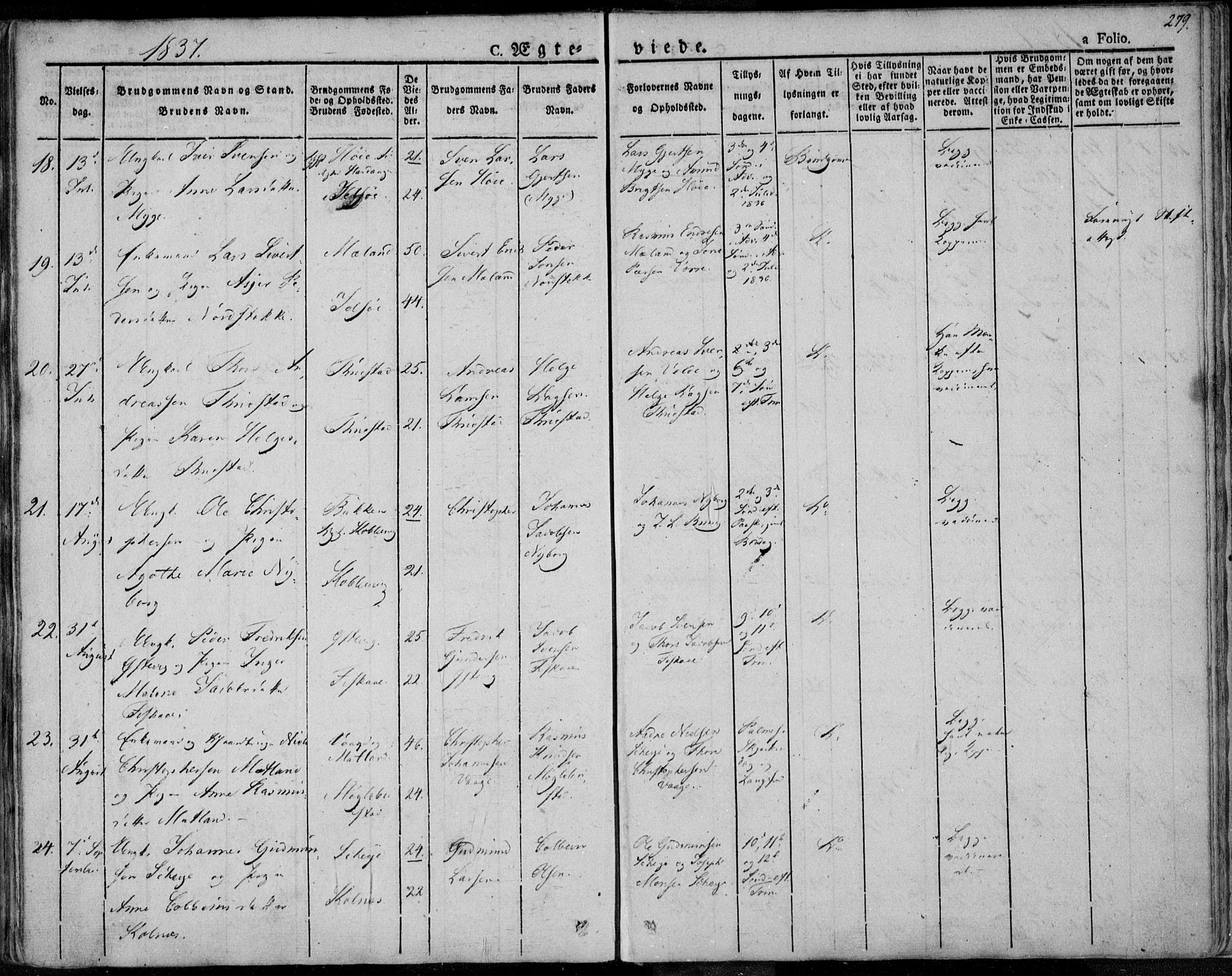 Avaldsnes sokneprestkontor, AV/SAST-A -101851/H/Ha/Haa/L0005: Parish register (official) no. A 5.1, 1825-1841, p. 279