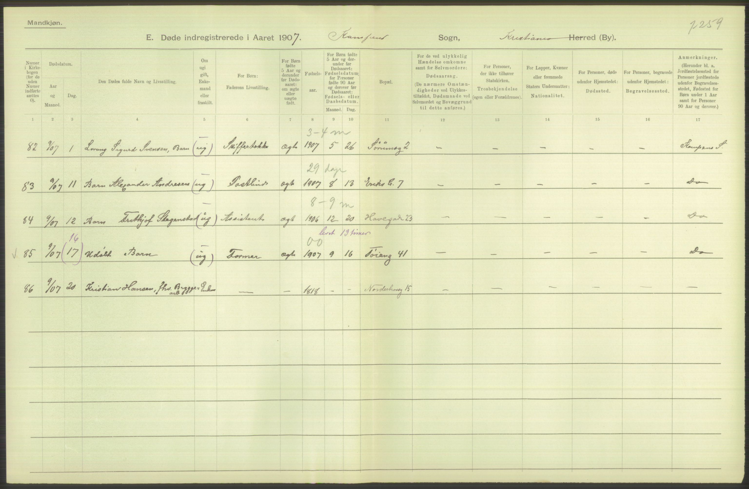 Statistisk sentralbyrå, Sosiodemografiske emner, Befolkning, AV/RA-S-2228/D/Df/Dfa/Dfae/L0010: Kristiania: Døde, dødfødte, 1907, p. 380