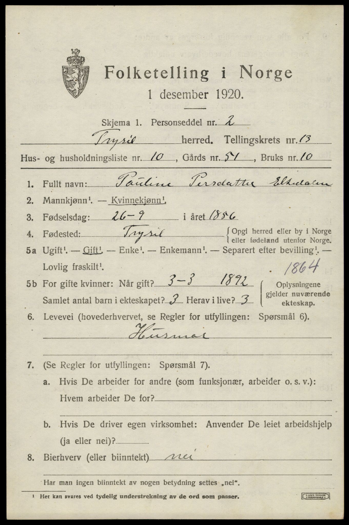 SAH, 1920 census for Trysil, 1920, p. 7753
