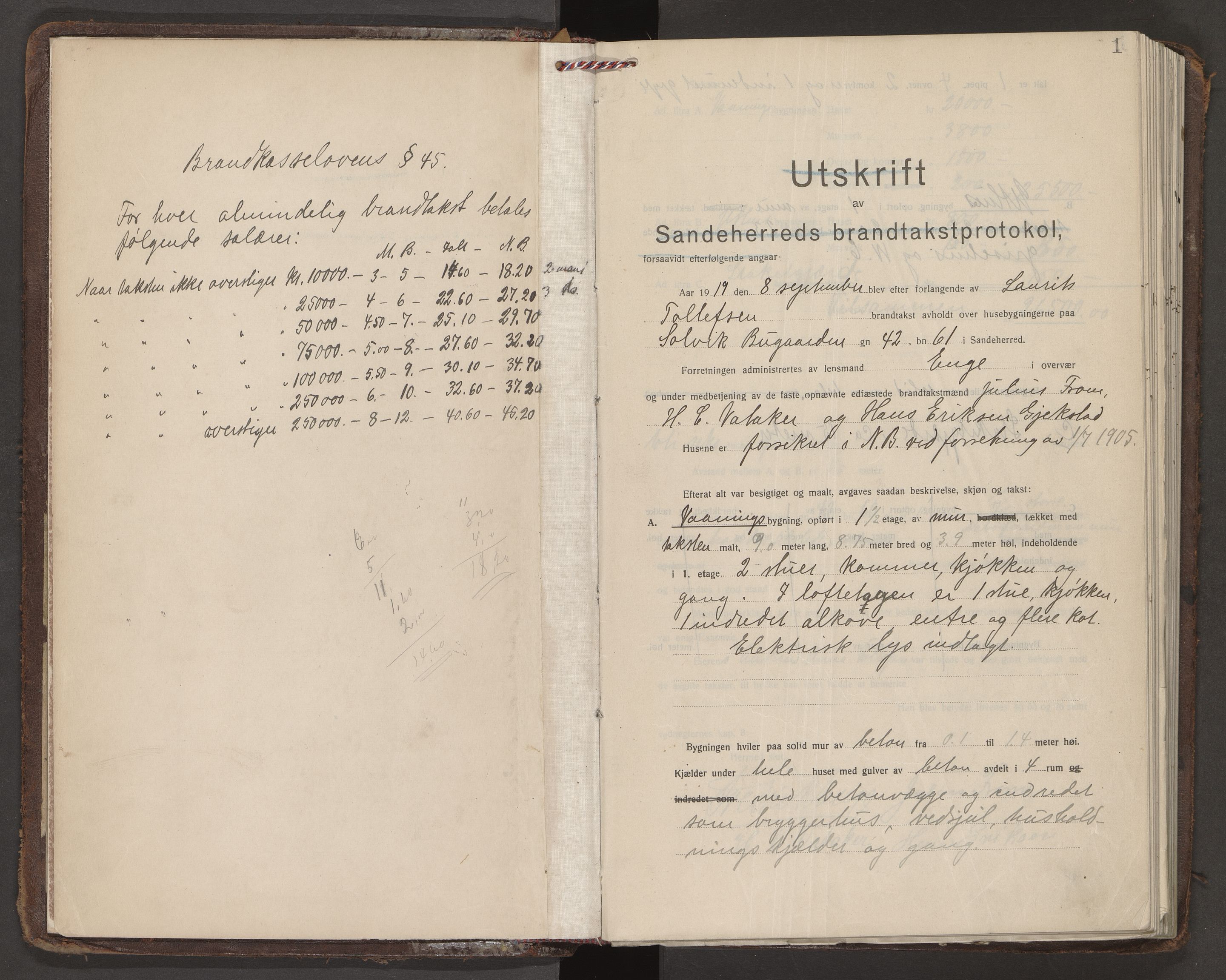 Sandar lensmannskontor, AV/SAKO-A-545/Y/Yc/Yca/L0010: Branntakstprotokoll, 1919-1920, p. 1