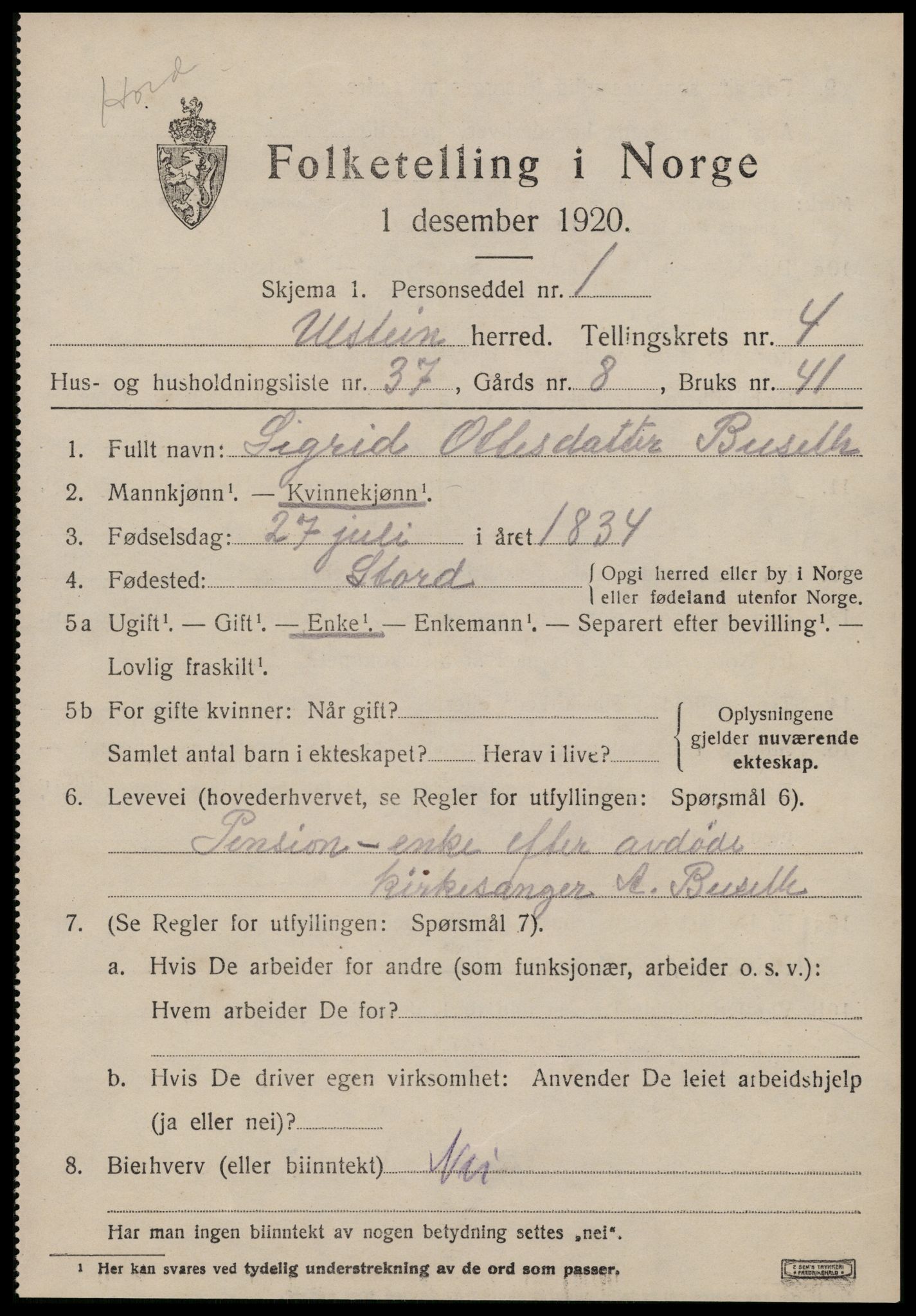 SAT, 1920 census for Ulstein, 1920, p. 3106