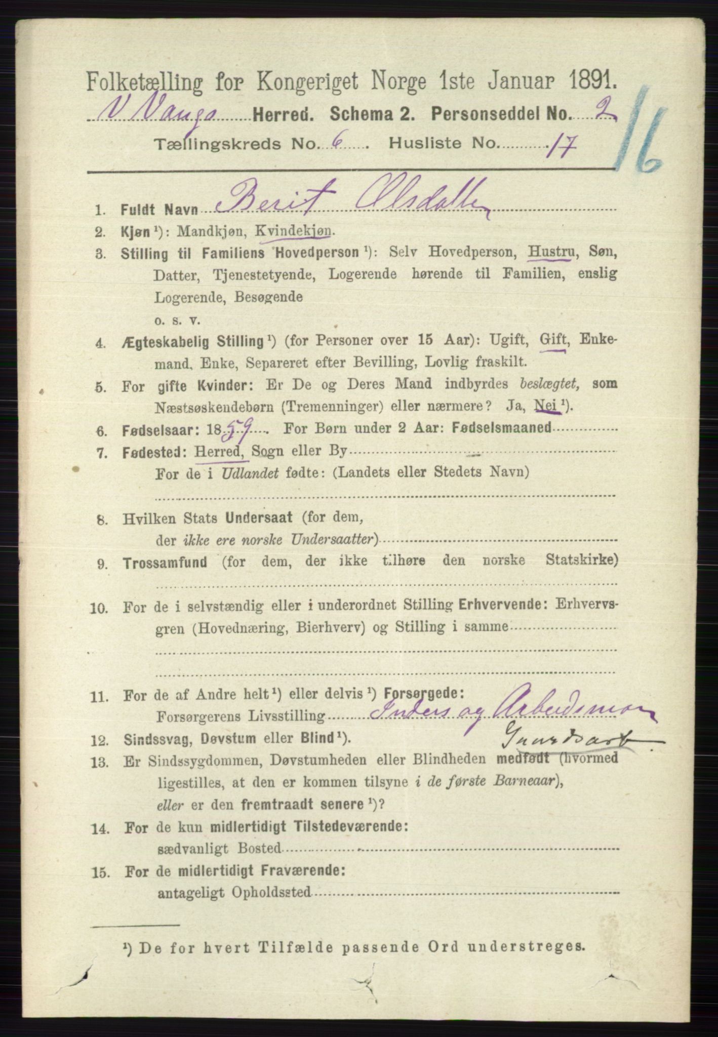 RA, 1891 census for 0545 Vang, 1891, p. 1358