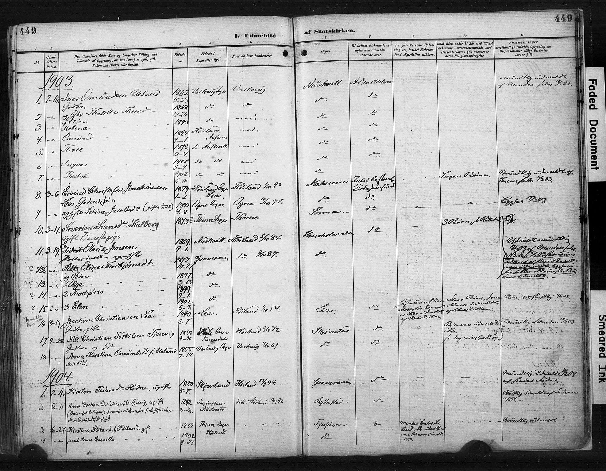 Høyland sokneprestkontor, AV/SAST-A-101799/001/30BA/L0015: Parish register (official) no. A 14, 1899-1911, p. 449